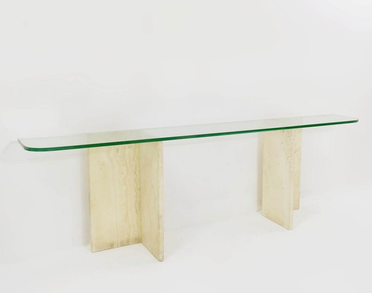Large Italian Travertine and glass top console table, 1970s.
