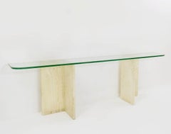 Large Italian Travertine and Glass Top Console Table, 1970s