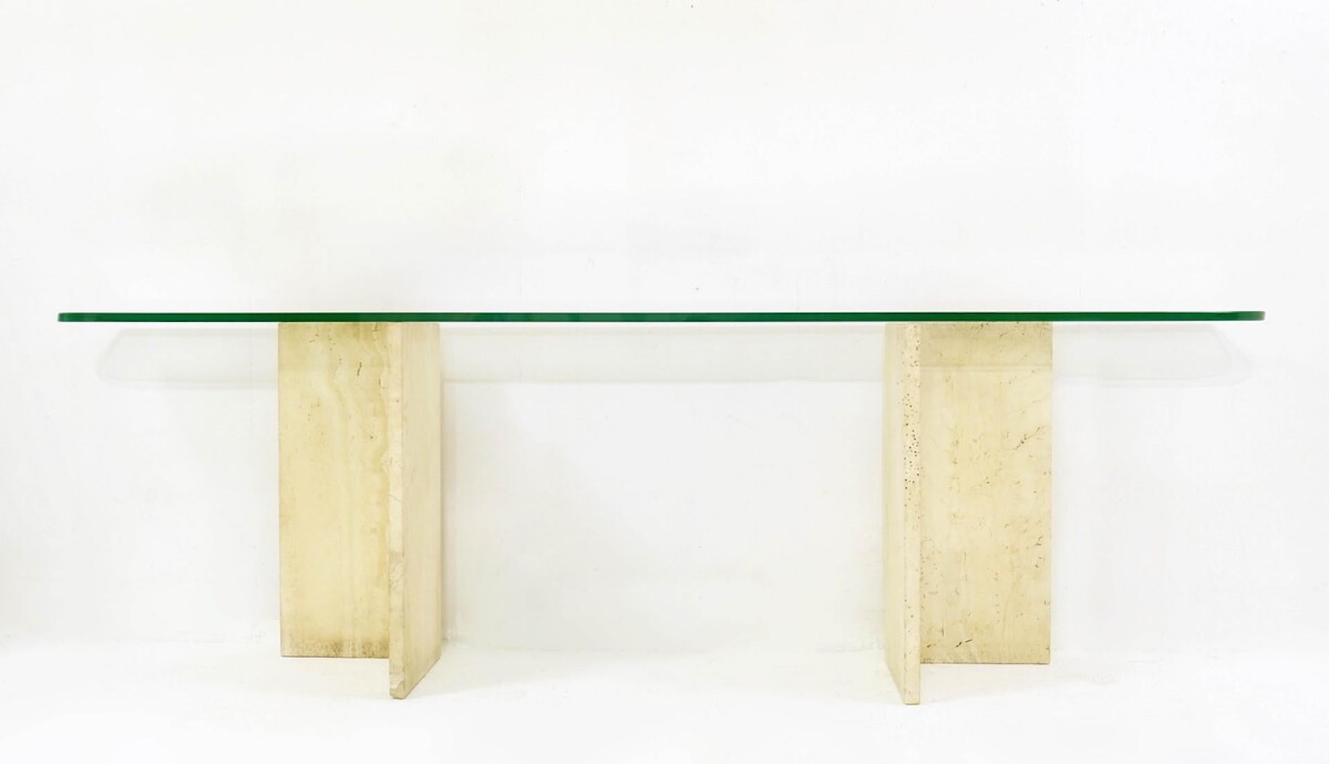 Mid-Century Modern Large Italian Travertine and Glass Top Console Table, 1970s For Sale