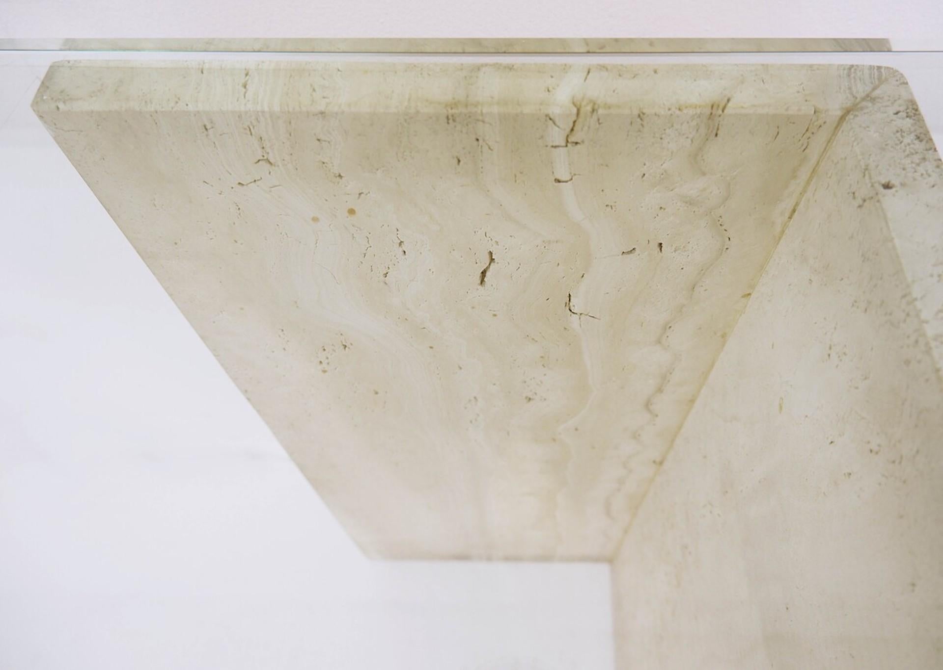 Large Italian Travertine and Glass Top Console Table, 1970s For Sale 1