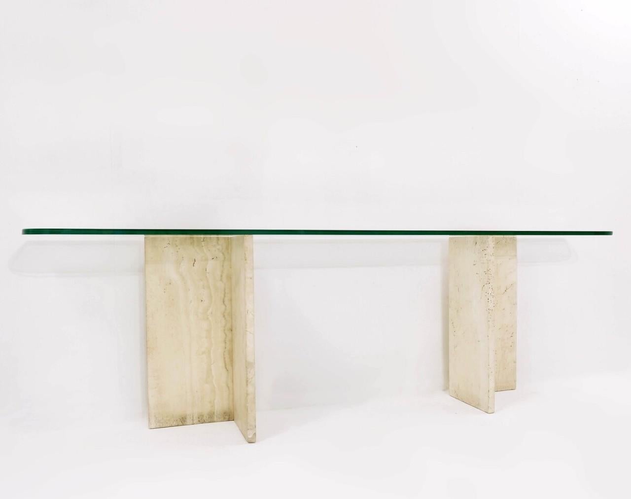 Large Italian Travertine and Glass Top Console Table, 1970s For Sale 2