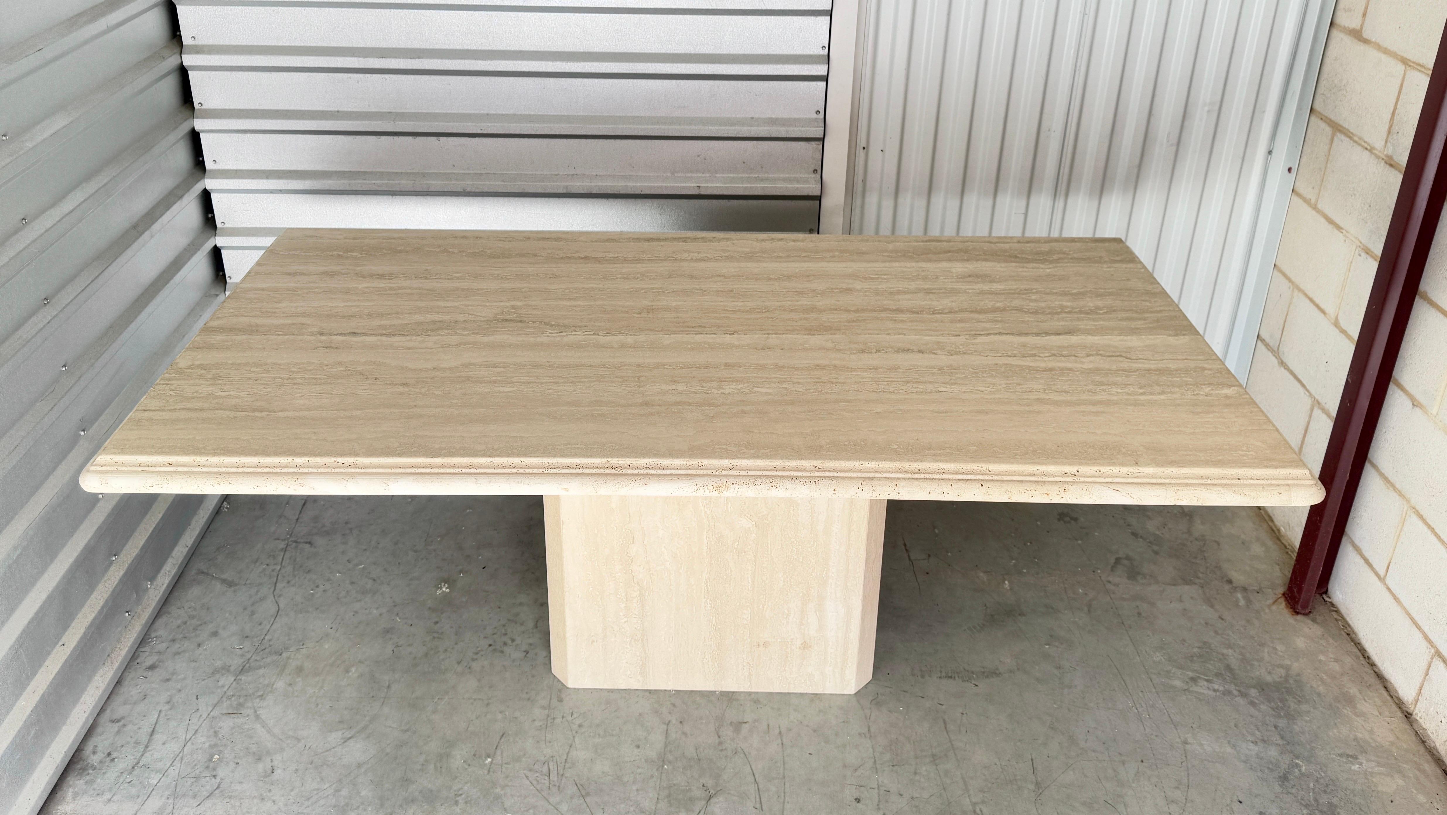 Mid-Century Modern Large Italian Travertine Beveled Edge Pedestal Rectangle Dining Conference Table For Sale