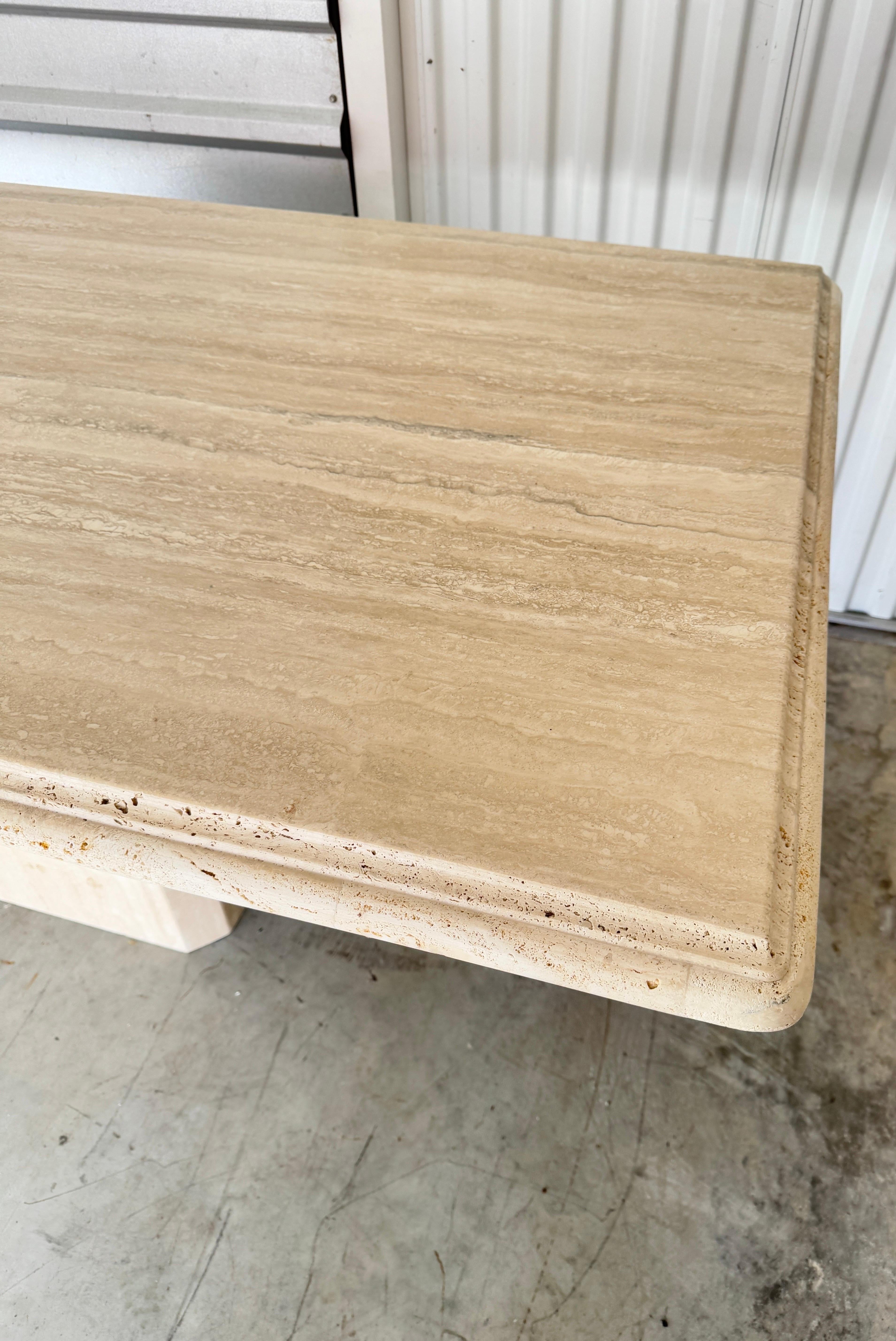 Large Italian Travertine Beveled Edge Pedestal Rectangle Dining Conference Table In Good Condition For Sale In Elkton, MD
