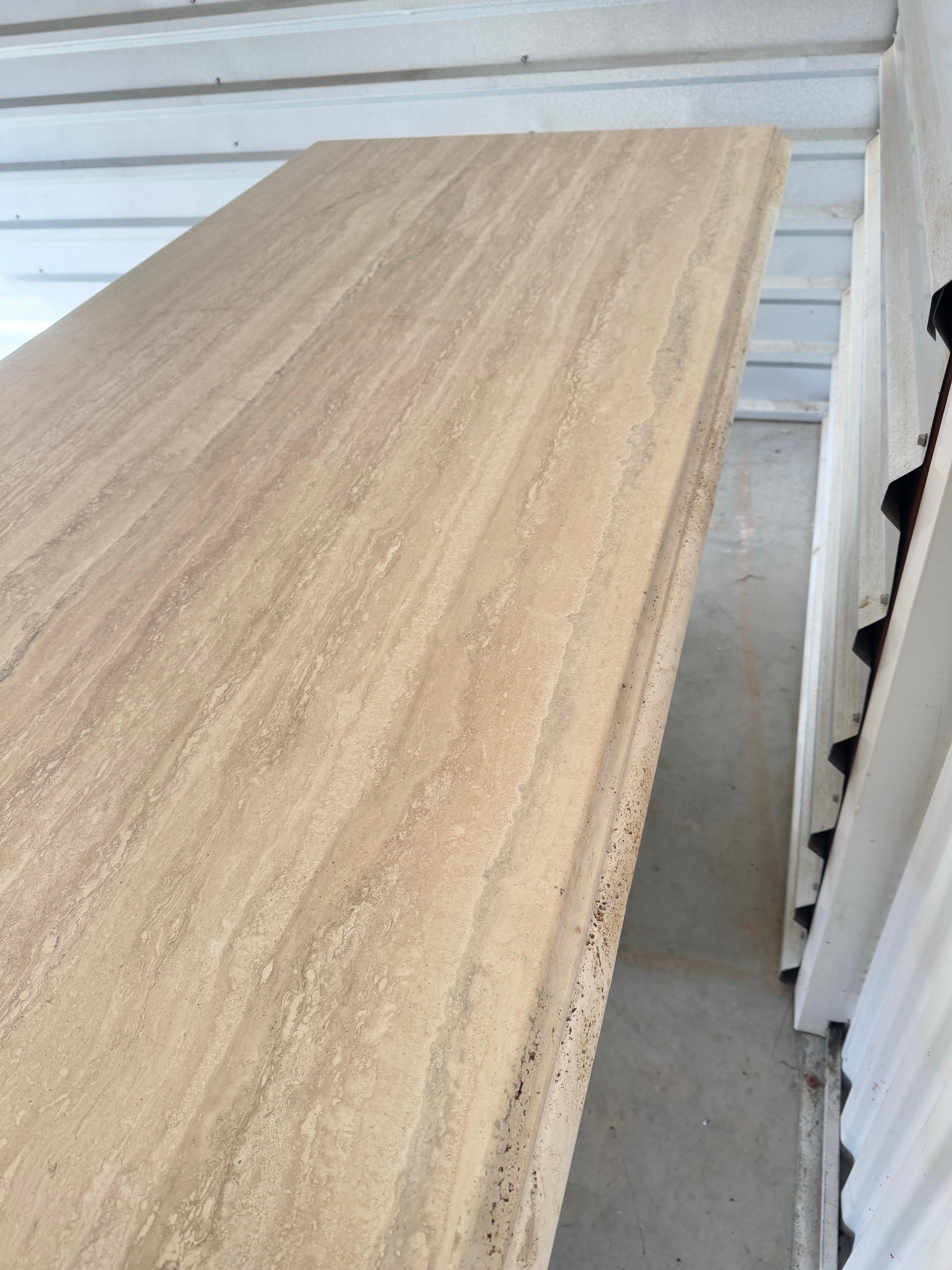 Late 20th Century Large Italian Travertine Beveled Edge Pedestal Rectangle Dining Conference Table For Sale