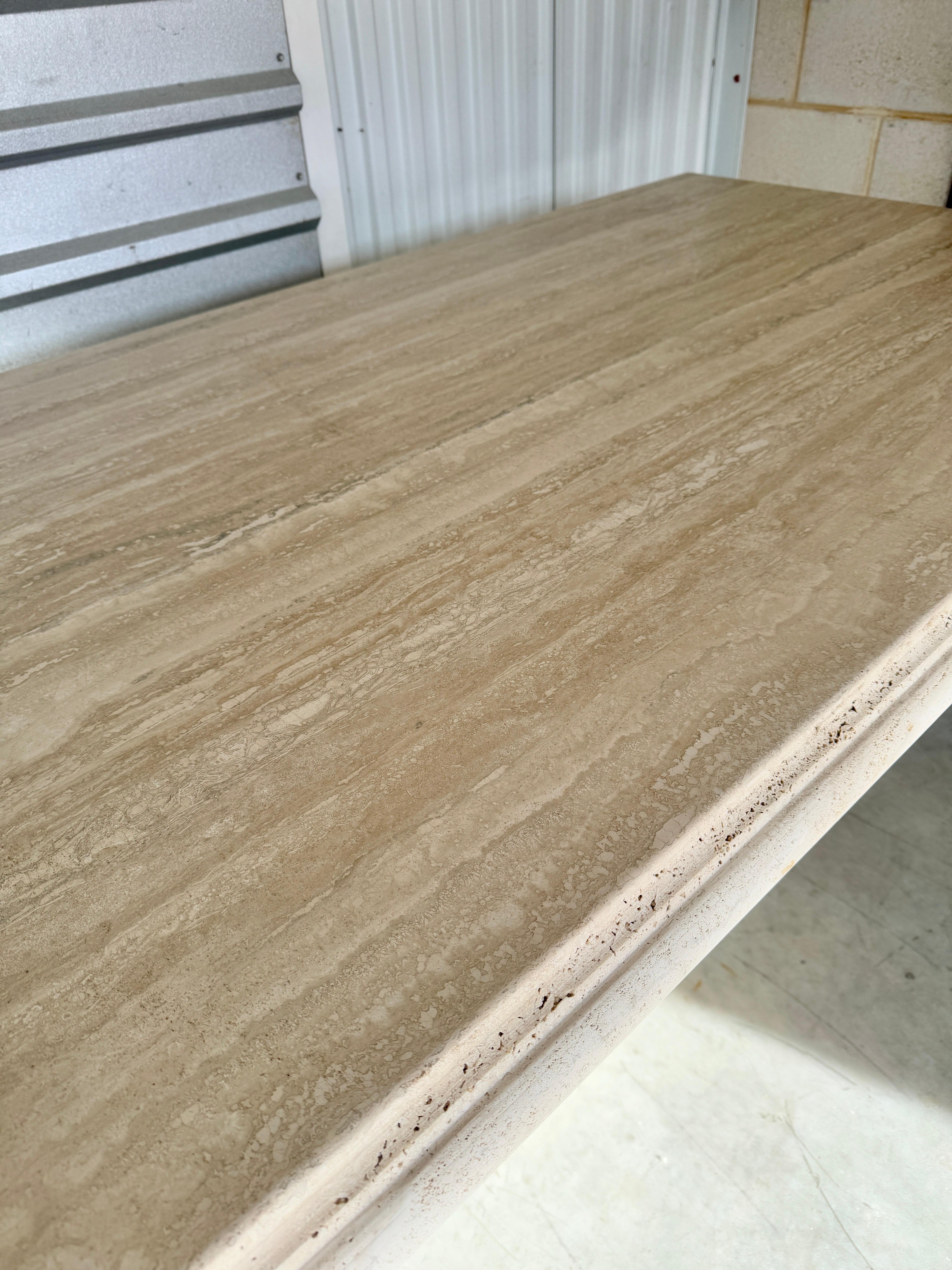 Large Italian Travertine Beveled Edge Pedestal Rectangle Dining Conference Table For Sale 2