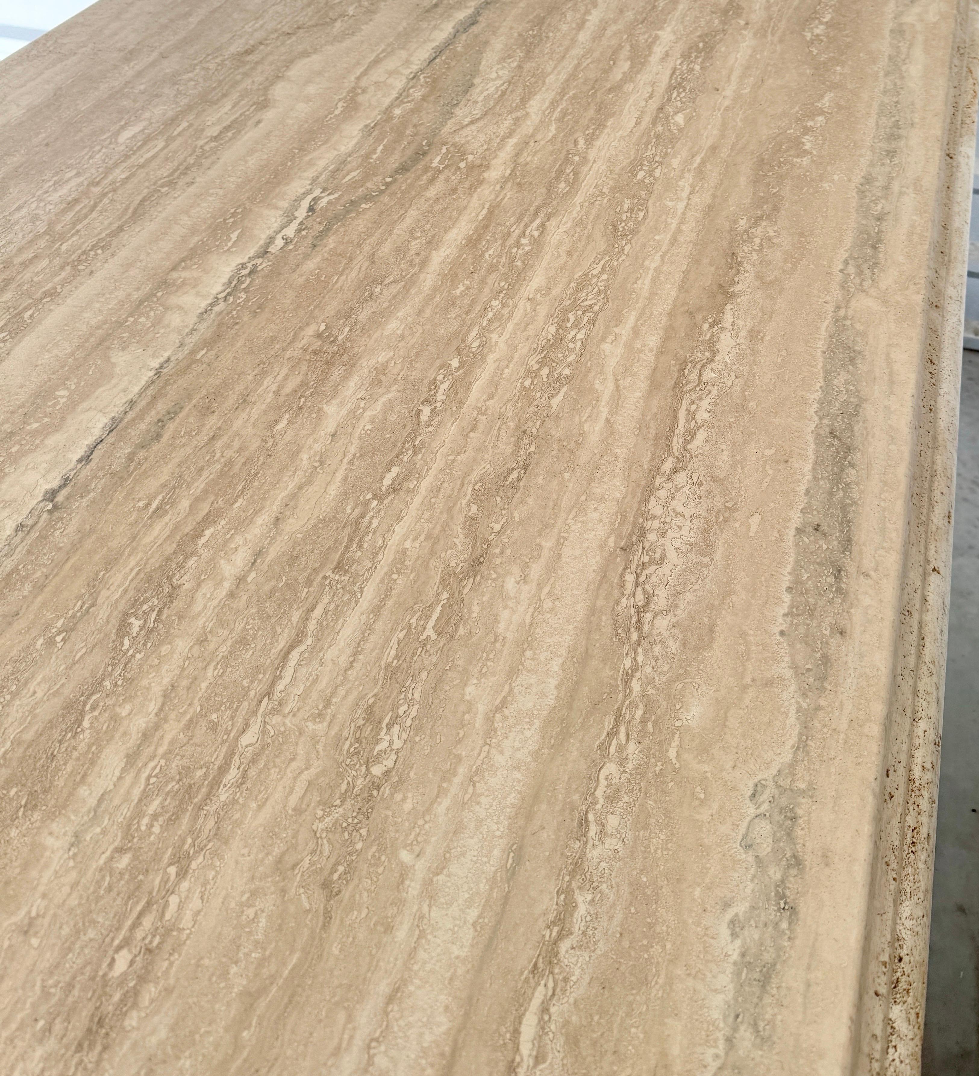 Large Italian Travertine Beveled Edge Pedestal Rectangle Dining Conference Table For Sale 4