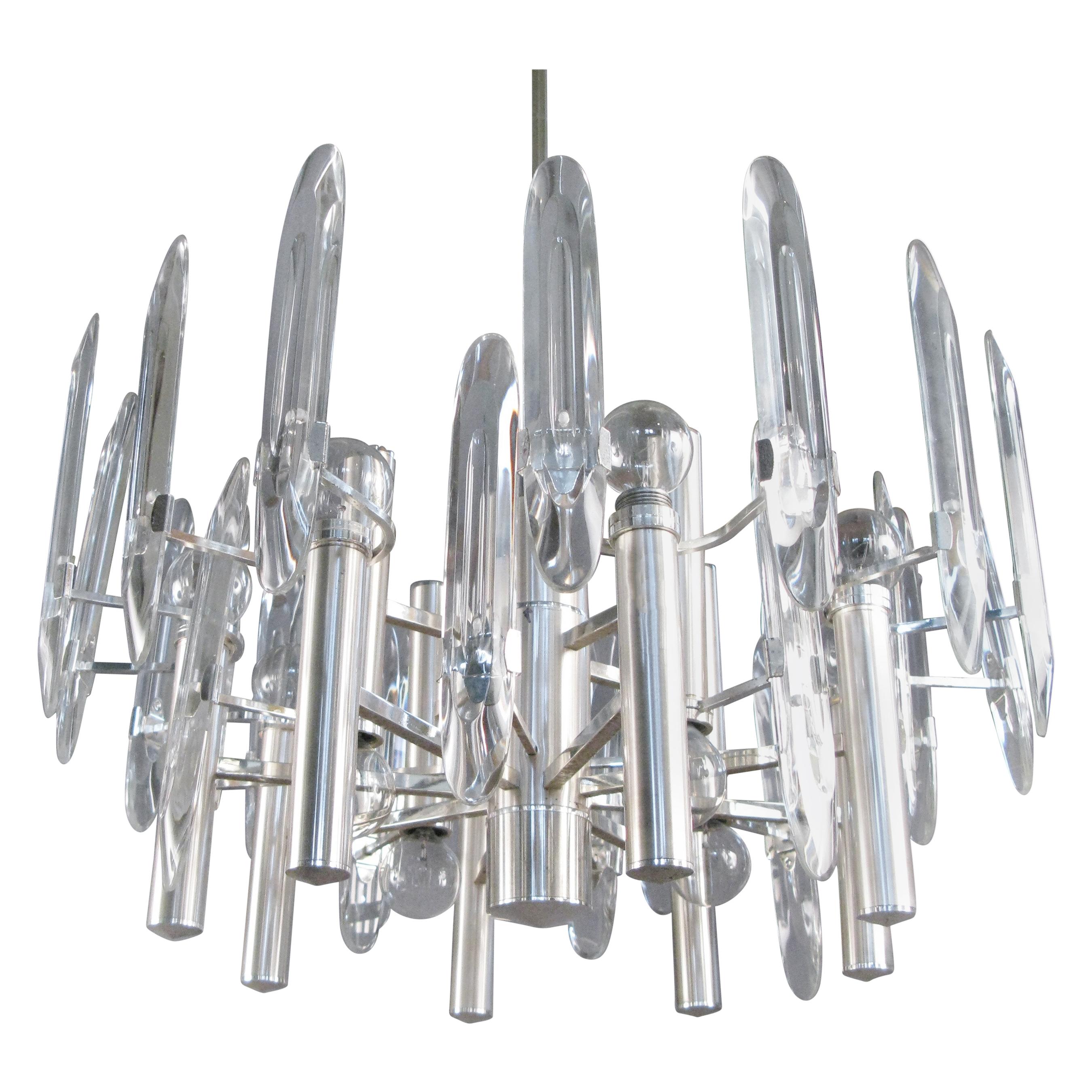 Large Italian Twelve Light Chrome and Glass Chandelier by Sciolari For Sale