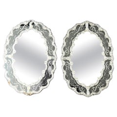 Large Italian Venetian Style Filigree Glass Floral Etched Mirrors 20thC