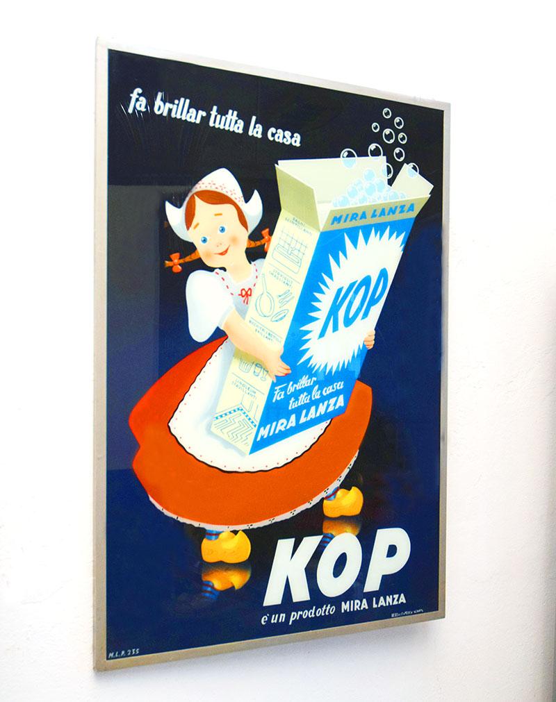 Mid-Century Modern Large Italian vintage advertising picture painted on glass, l'Olandesina KOP Mir For Sale
