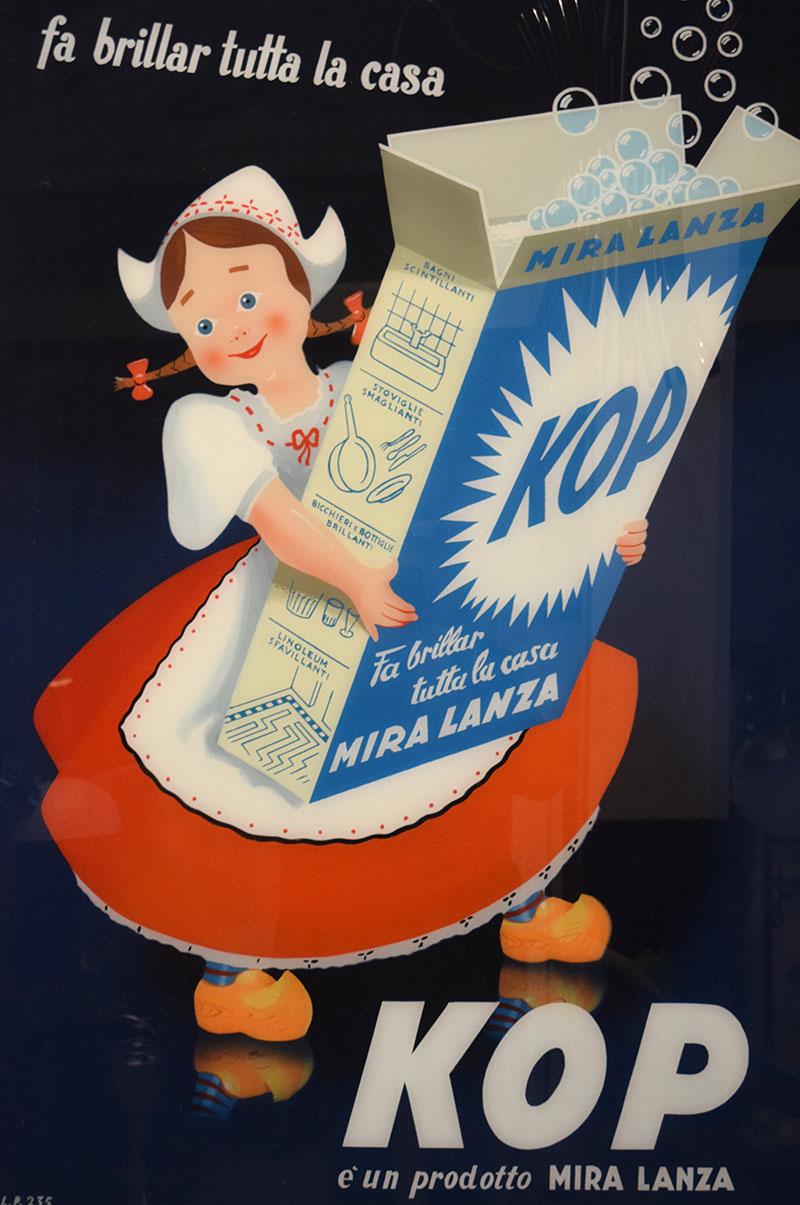 Mid-20th Century Large Italian vintage advertising picture painted on glass, l'Olandesina KOP Mir For Sale