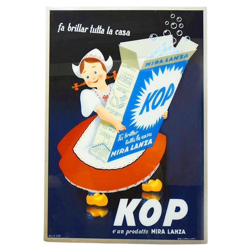 Large Italian vintage advertising picture painted on glass, l'Olandesina KOP Mir For Sale