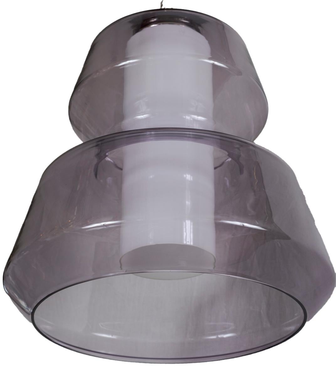 Wonderful Italian lilac colored geometric glass with white opaque cylindrical glass shade.
Re-electrified with one E26 socket and mounted with a  stunning geometric shaped nickel on brass chain.
Dating:1970-1980ca
Origin: Murano, Italy, 
Dimensions: