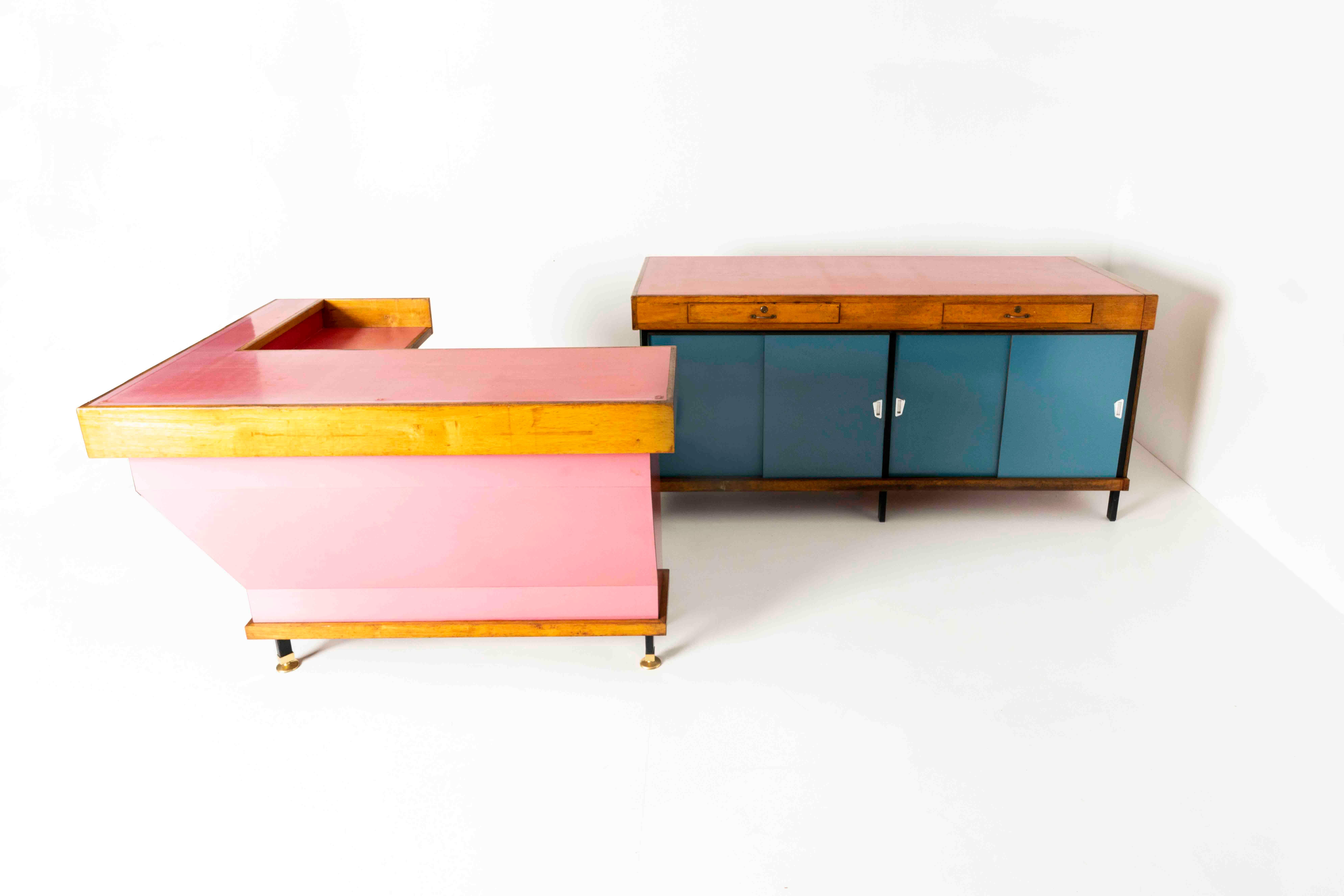 Mid-Century Modern Large Italian Vintage Shop Counter in Pink and Blue, ca 1960s