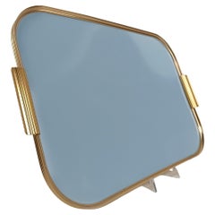 Grand plateau italien vintage en stratifié bleu pastel. Aluminium doré, années 1960