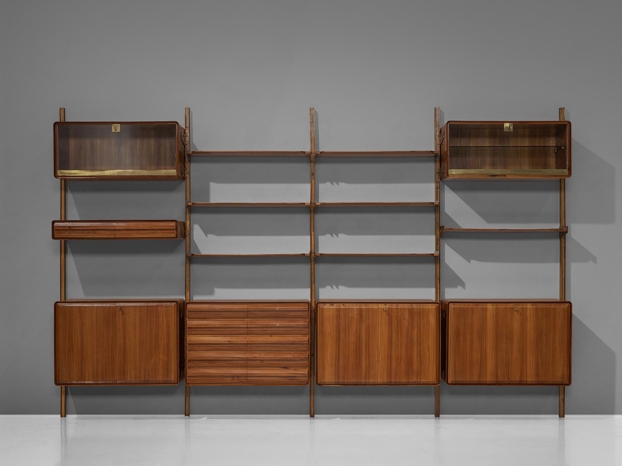 Mid-Century Modern Large Italian Wall Unit in Walnut and Brass, circa 1950