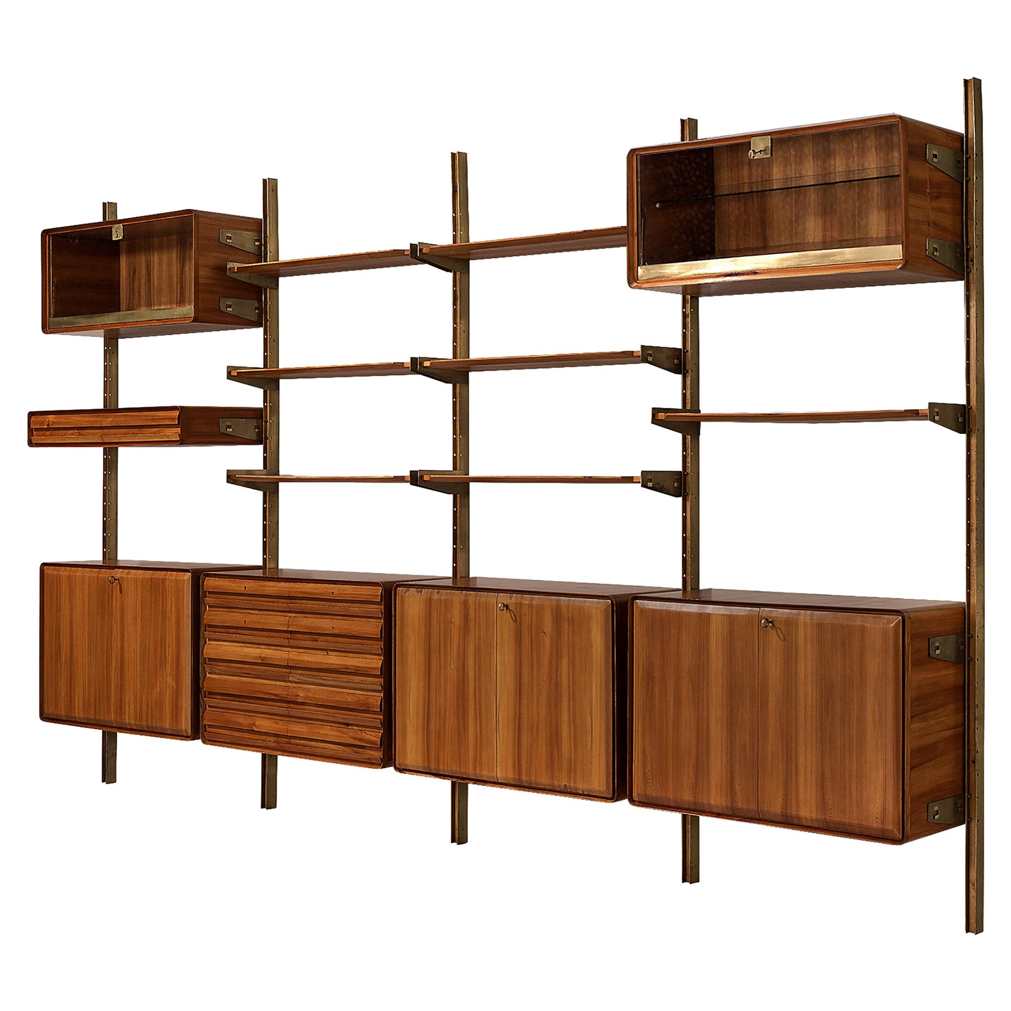 Large Italian Wall Unit in Walnut and Brass, circa 1950