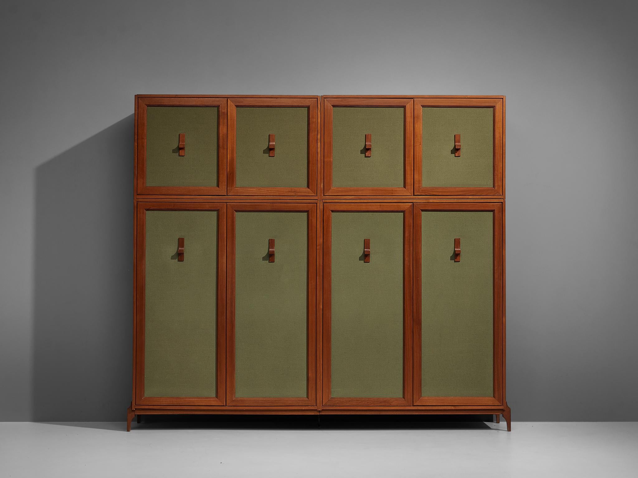 Large Italian Wardrobe in Teak and Green Fabric 1