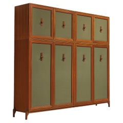 Large Italian Wardrobe in Teak and Green Fabric