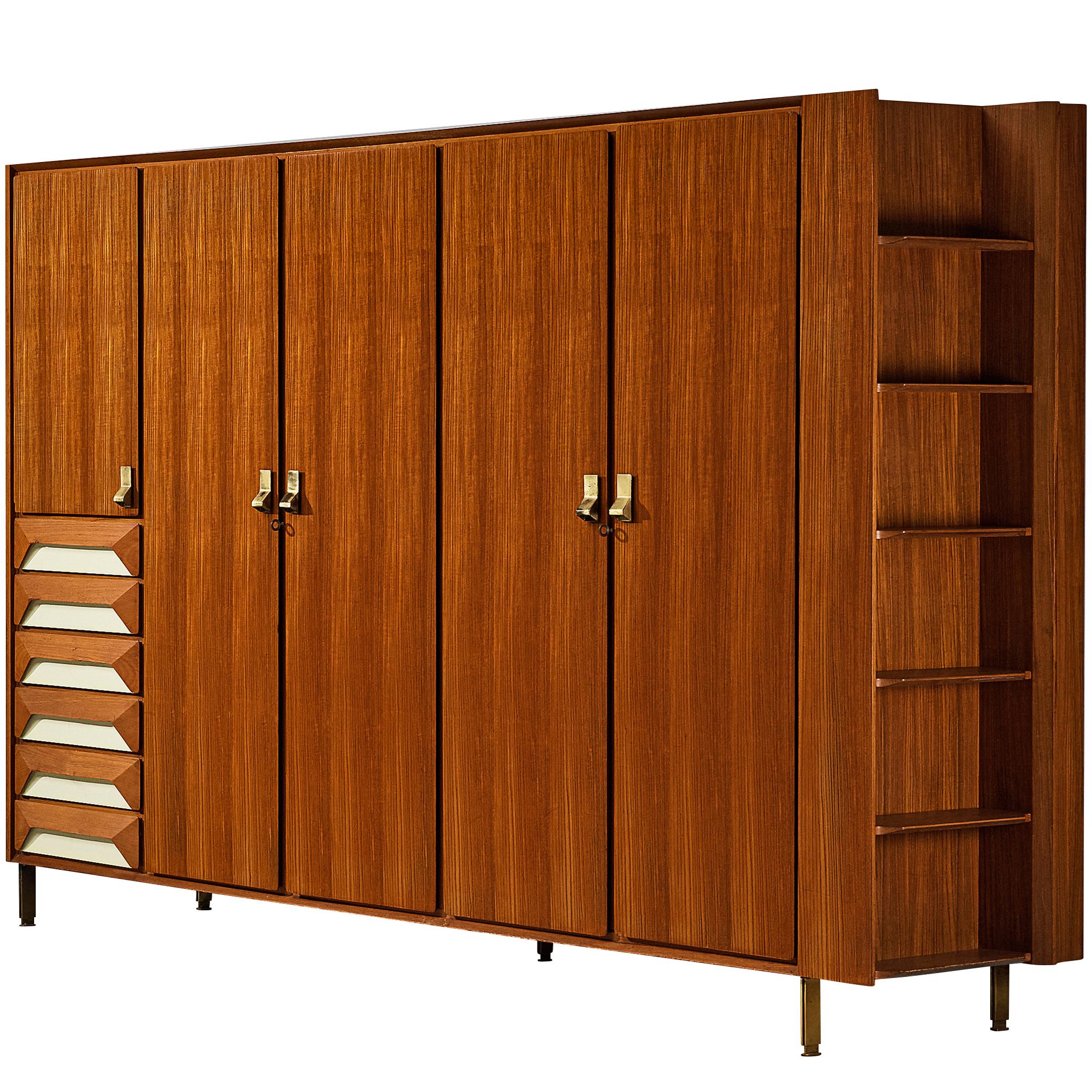 Large Italian Wardrobe in Teak with Brass Details