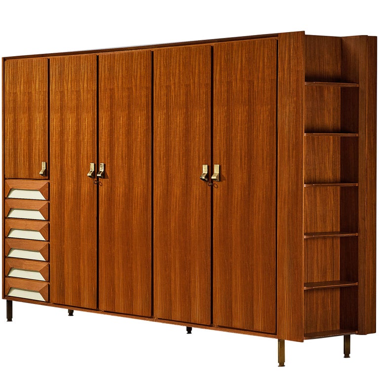 Large Italian Wardrobe in Teak with Brass Details