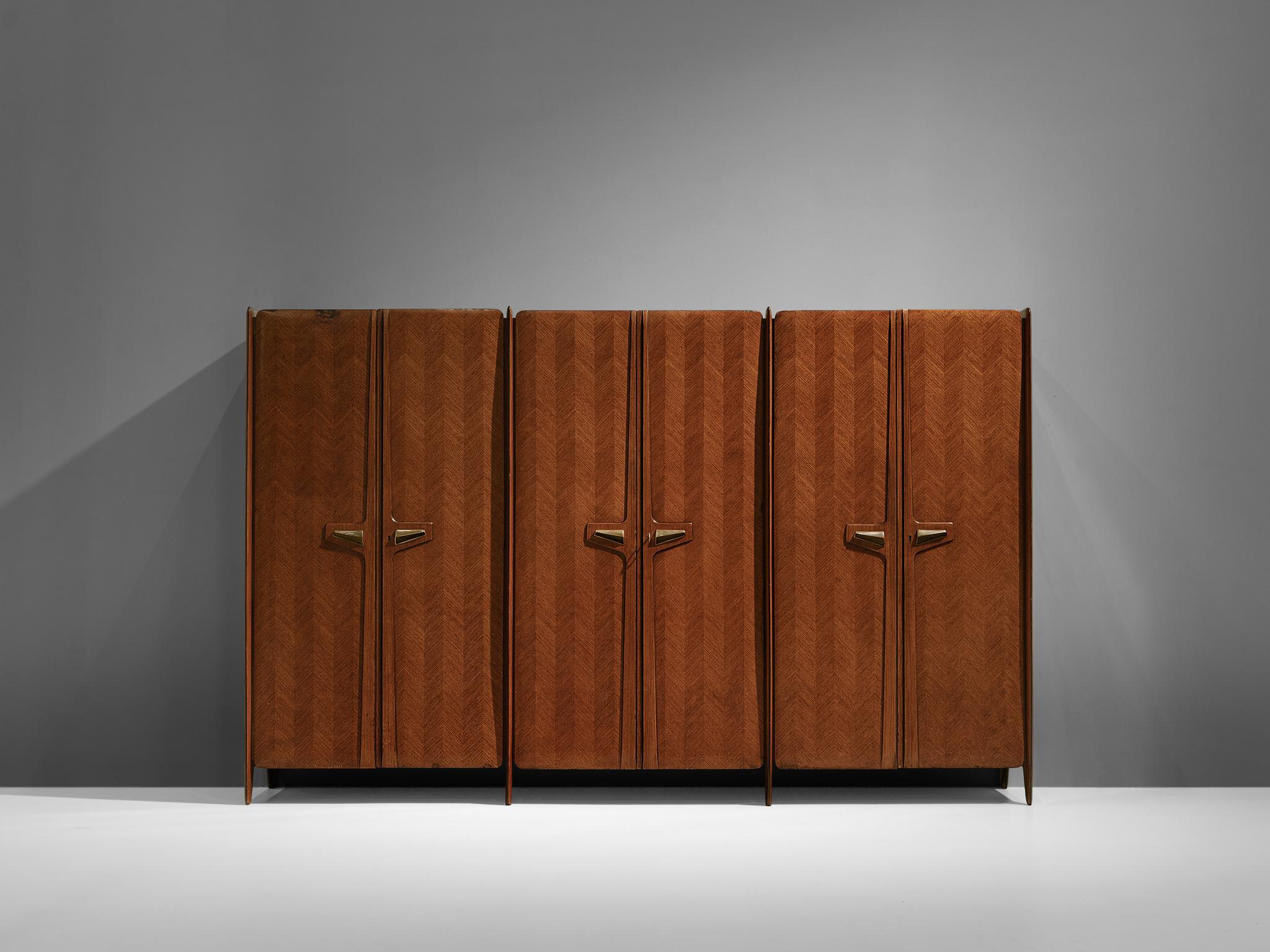 Mid-20th Century Large Italian Wardrobe in Walnut with Brass Handles For Sale