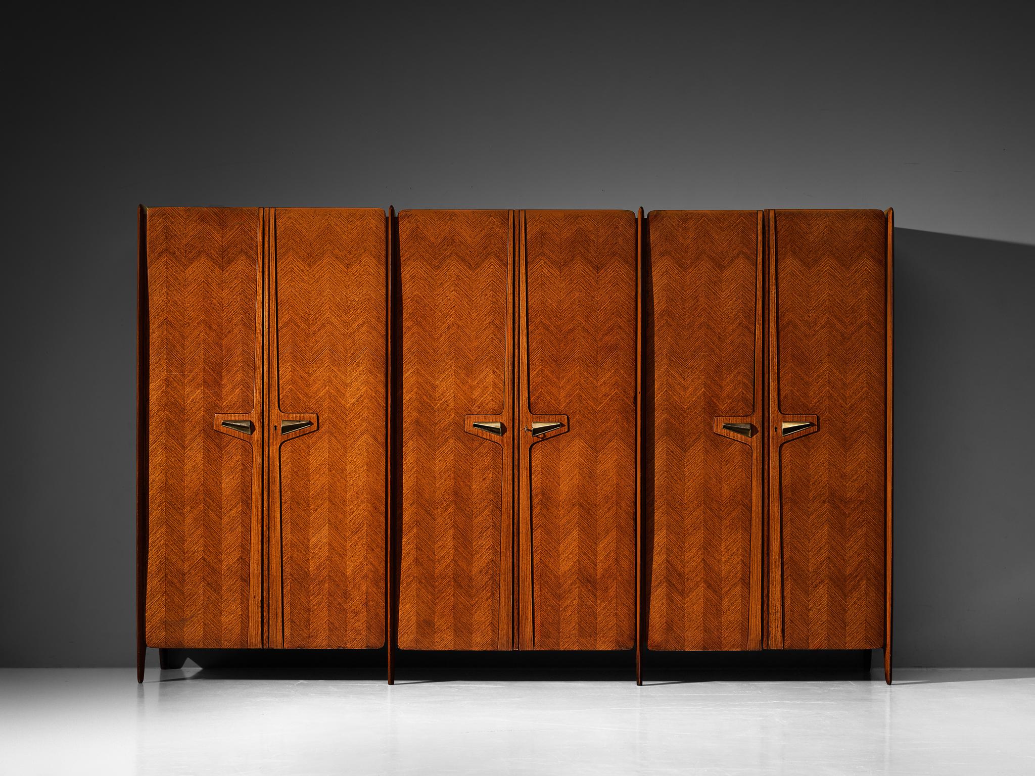 Mid-Century Modern Large Italian Wardrobe in Walnut with Brass Handles
