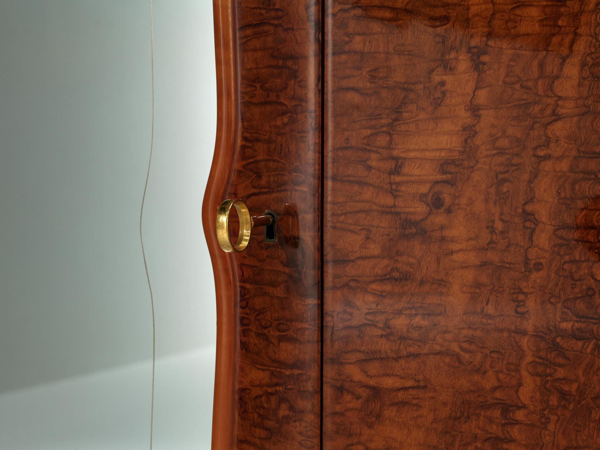 Brass Exquisite Italian Wardrobe with Mirrored Doors in Walnut Burl For Sale