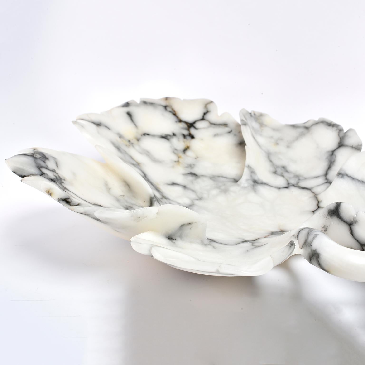 Large Italian White and Gray Alabaster Leaf Form Platter or Bowl For Sale 1