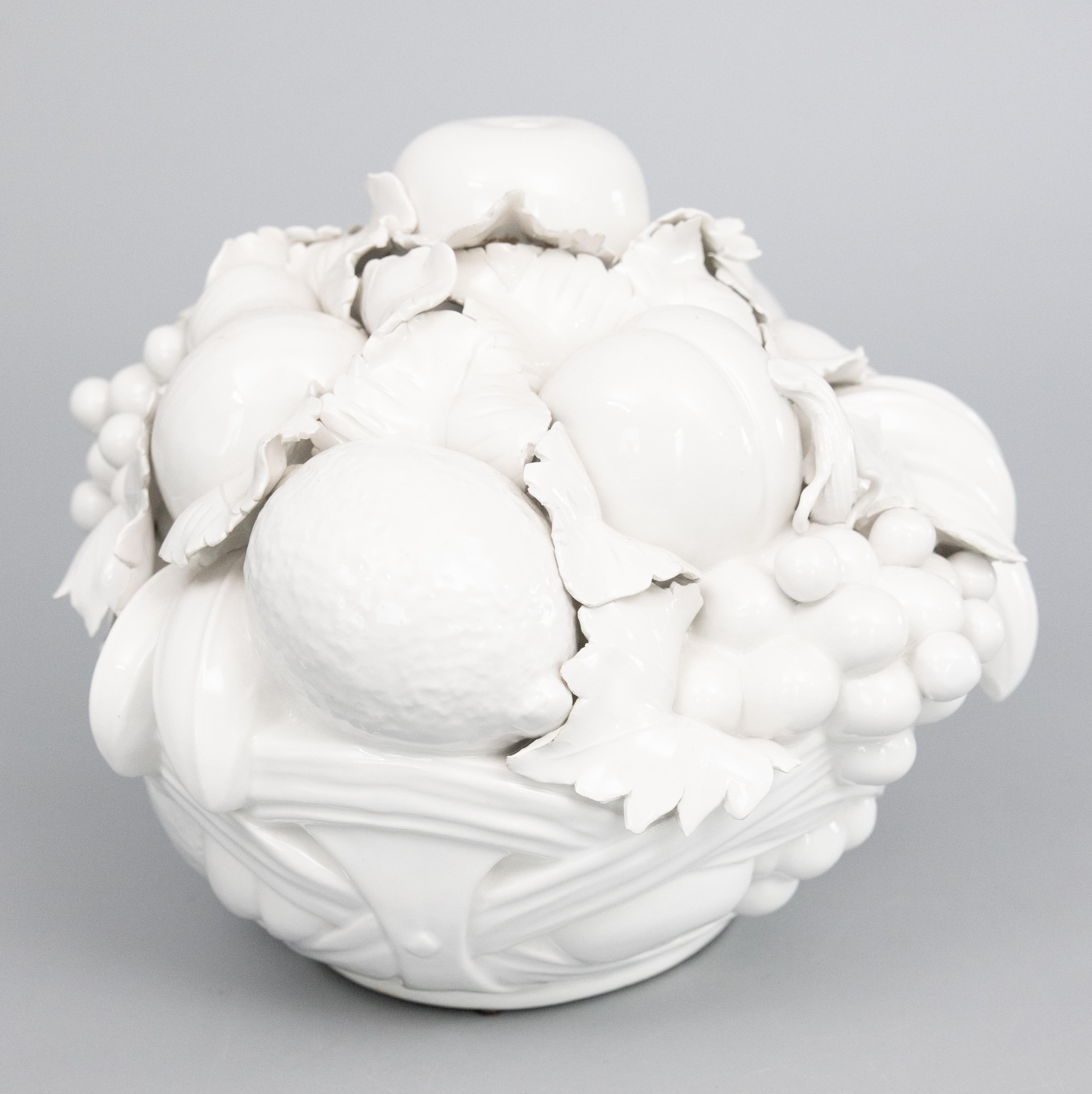 Glazed Large Italian White Blanc De Chine Creamware Fruit Basket Centerpiece, c. 1950 For Sale