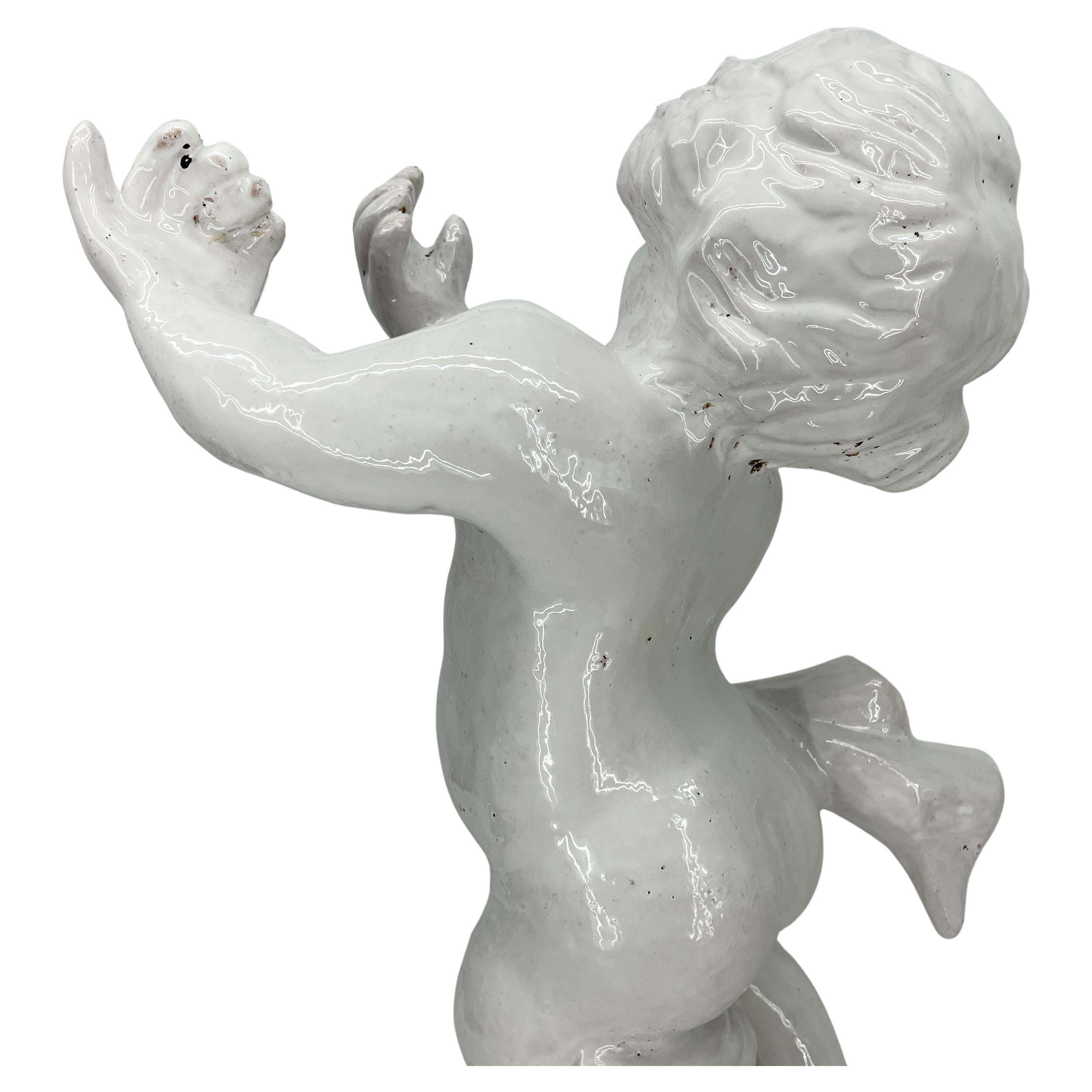 Large Italian White Glazed Cherub Centerpiece Sculpture For Sale 5