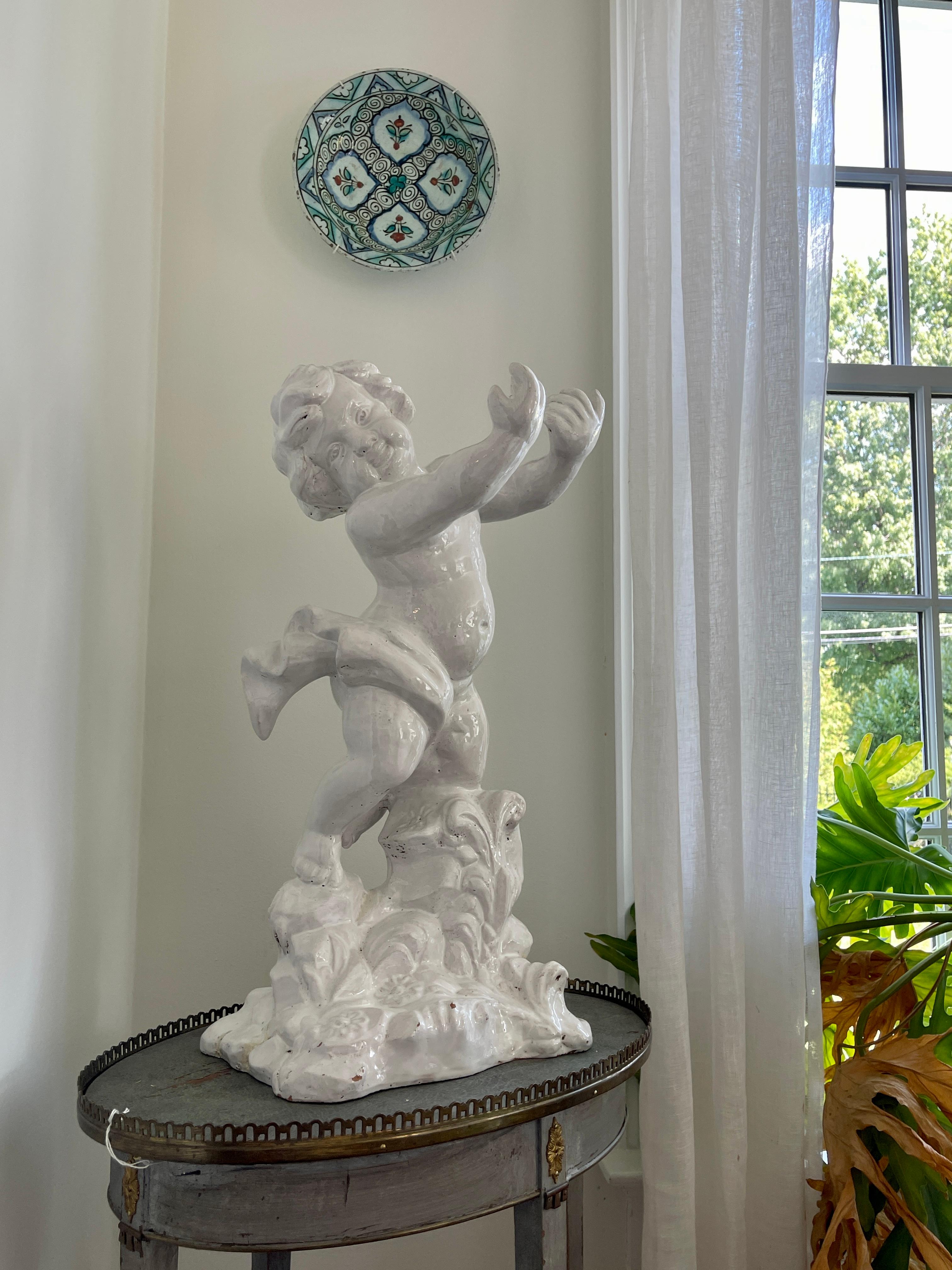 Large Italian White Glazed Cherub Centerpiece Sculpture 12