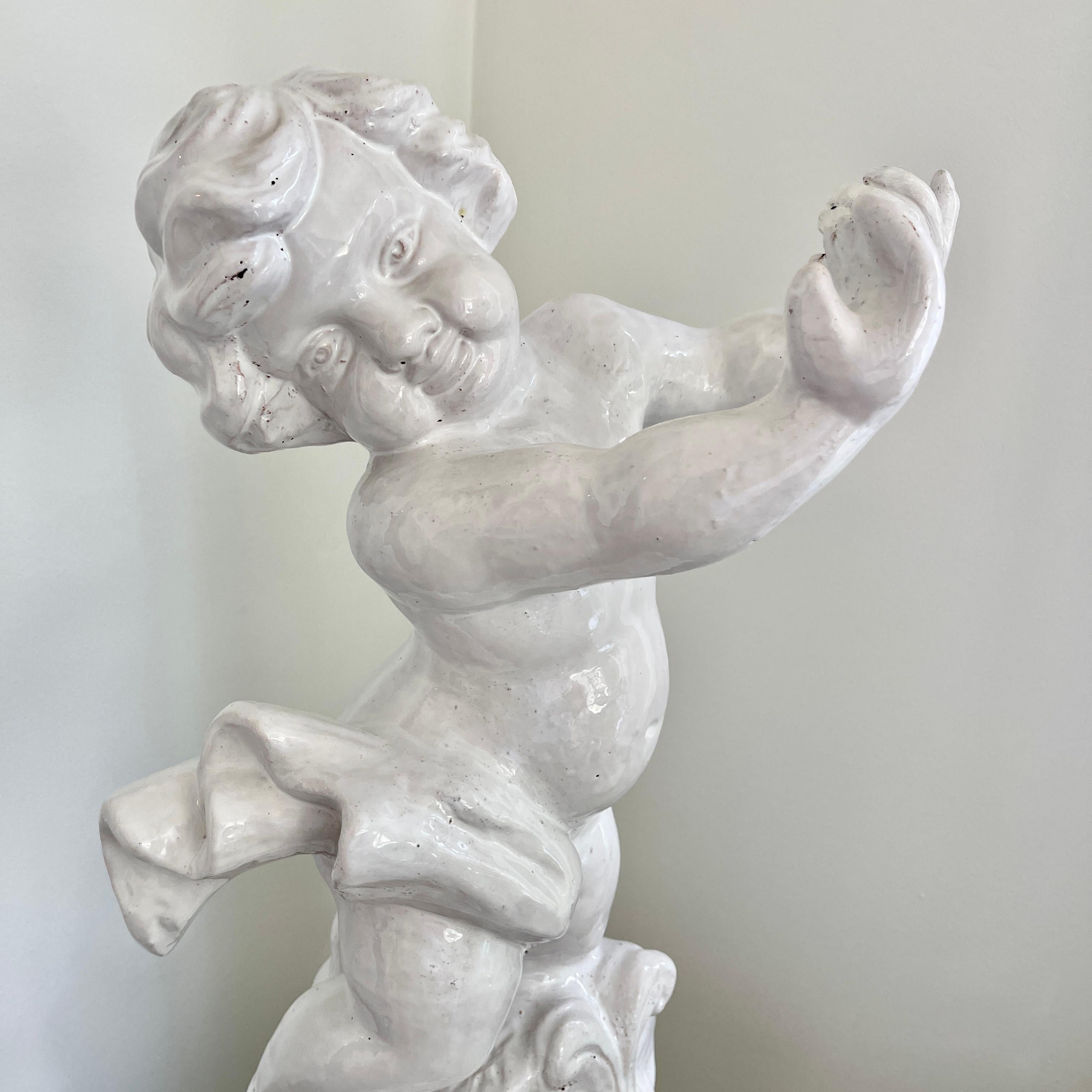 Large Italian White Glazed Cherub Centerpiece Sculpture For Sale 13