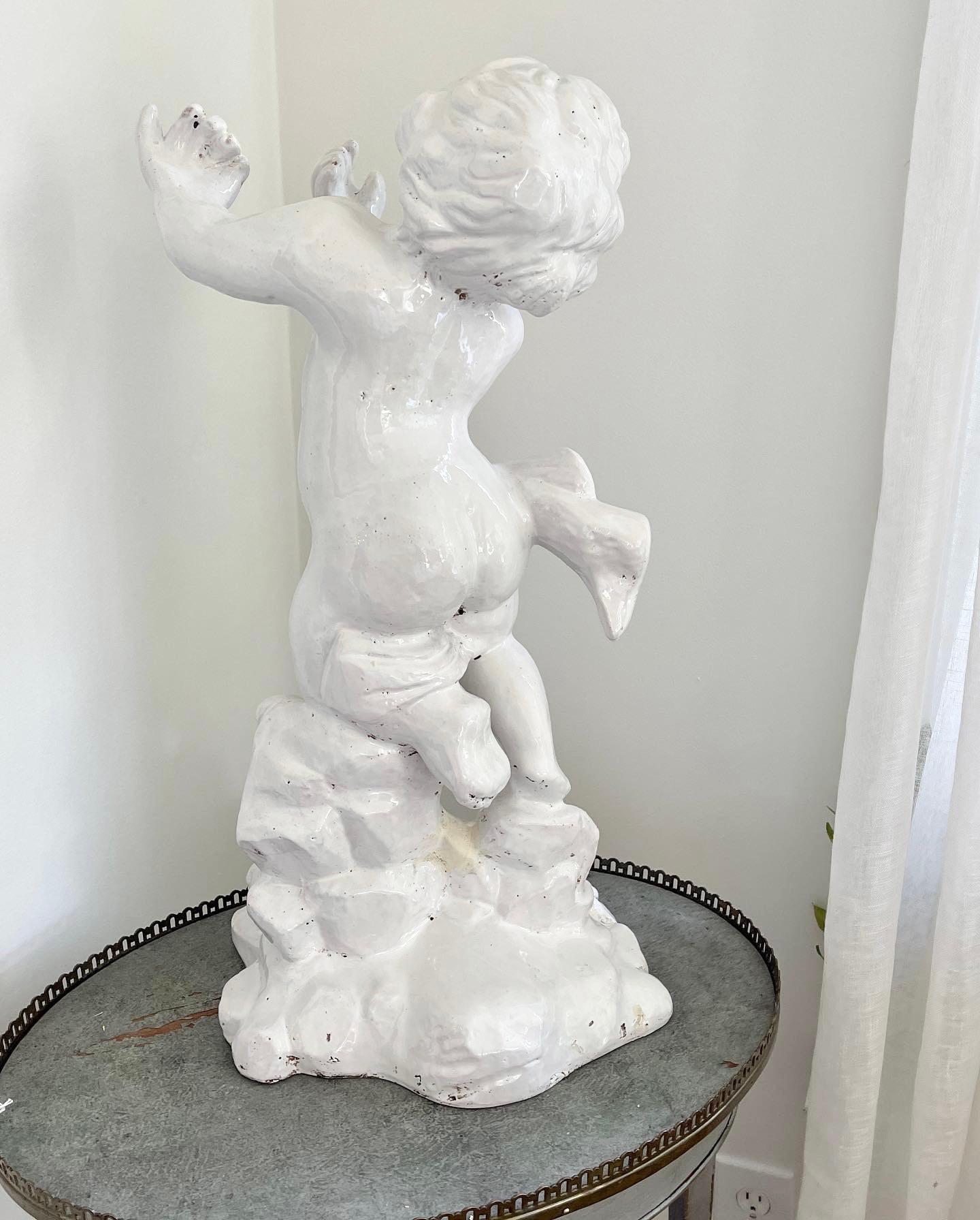Large Italian White Glazed Cherub Centerpiece Sculpture For Sale 14