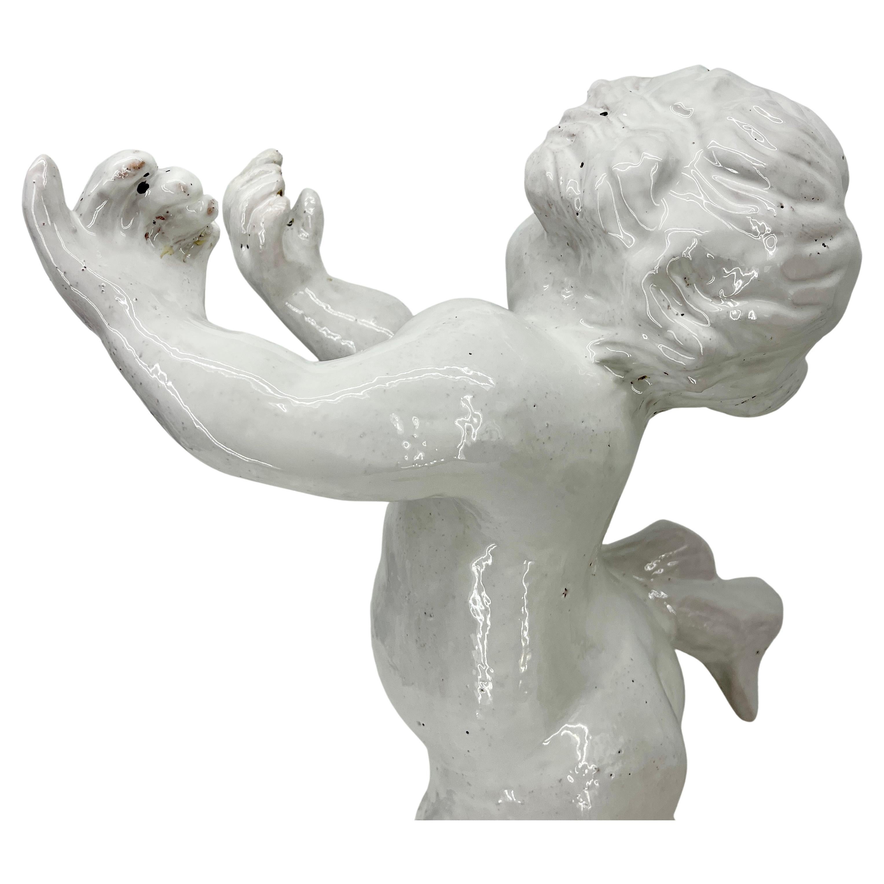 Large Italian White Glazed Cherub Centerpiece Sculpture For Sale 2