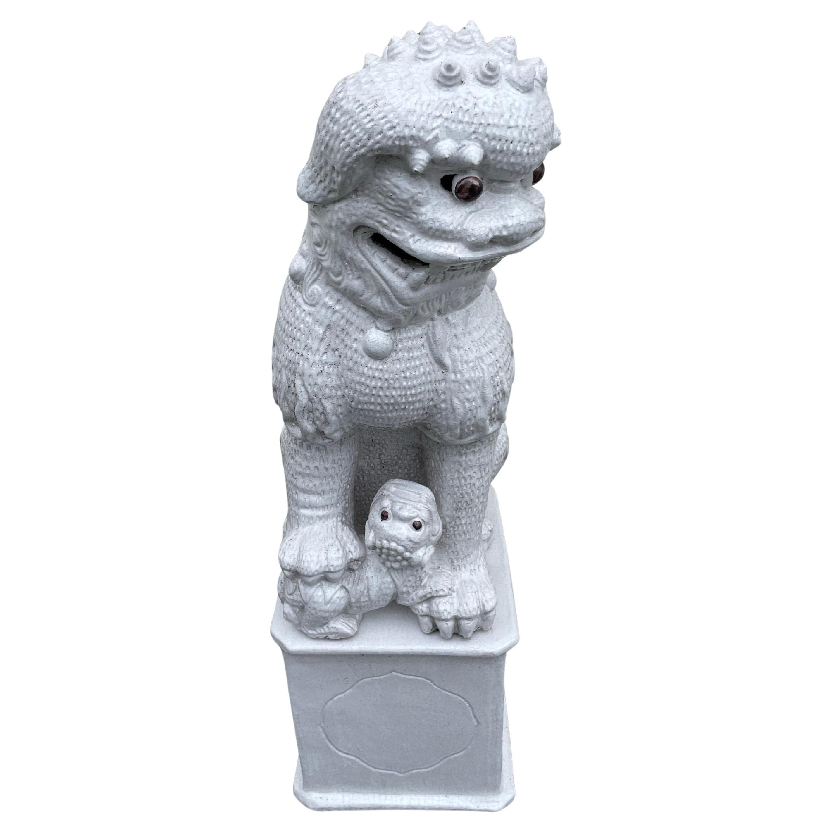 Large Italian White Glazed Terracotta Foo Dog Statue, Circa 1950s For Sale
