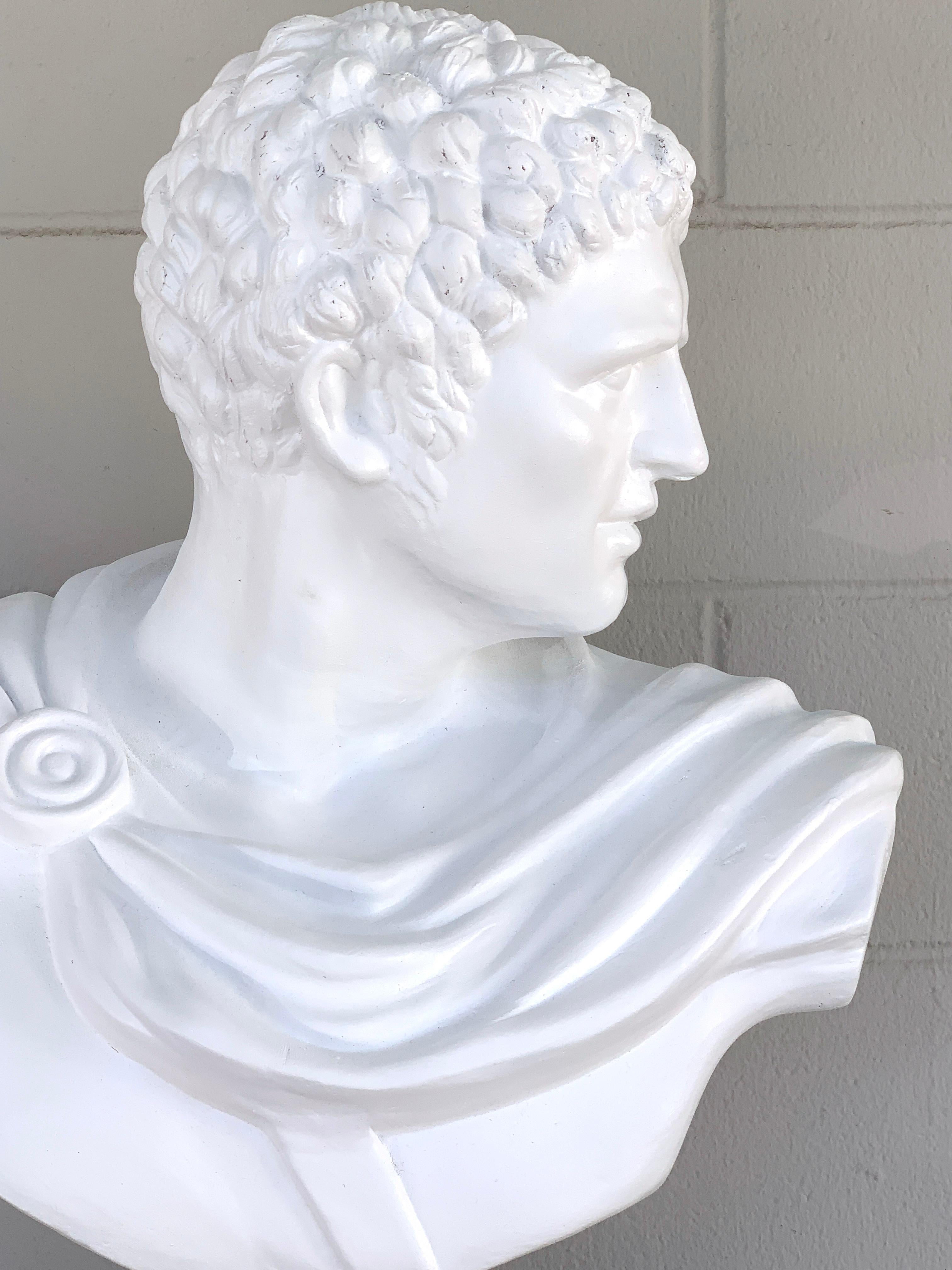 Large Italian white lacquered terracotta bust of apollo, raised on 9-inch square pedestal base, 20