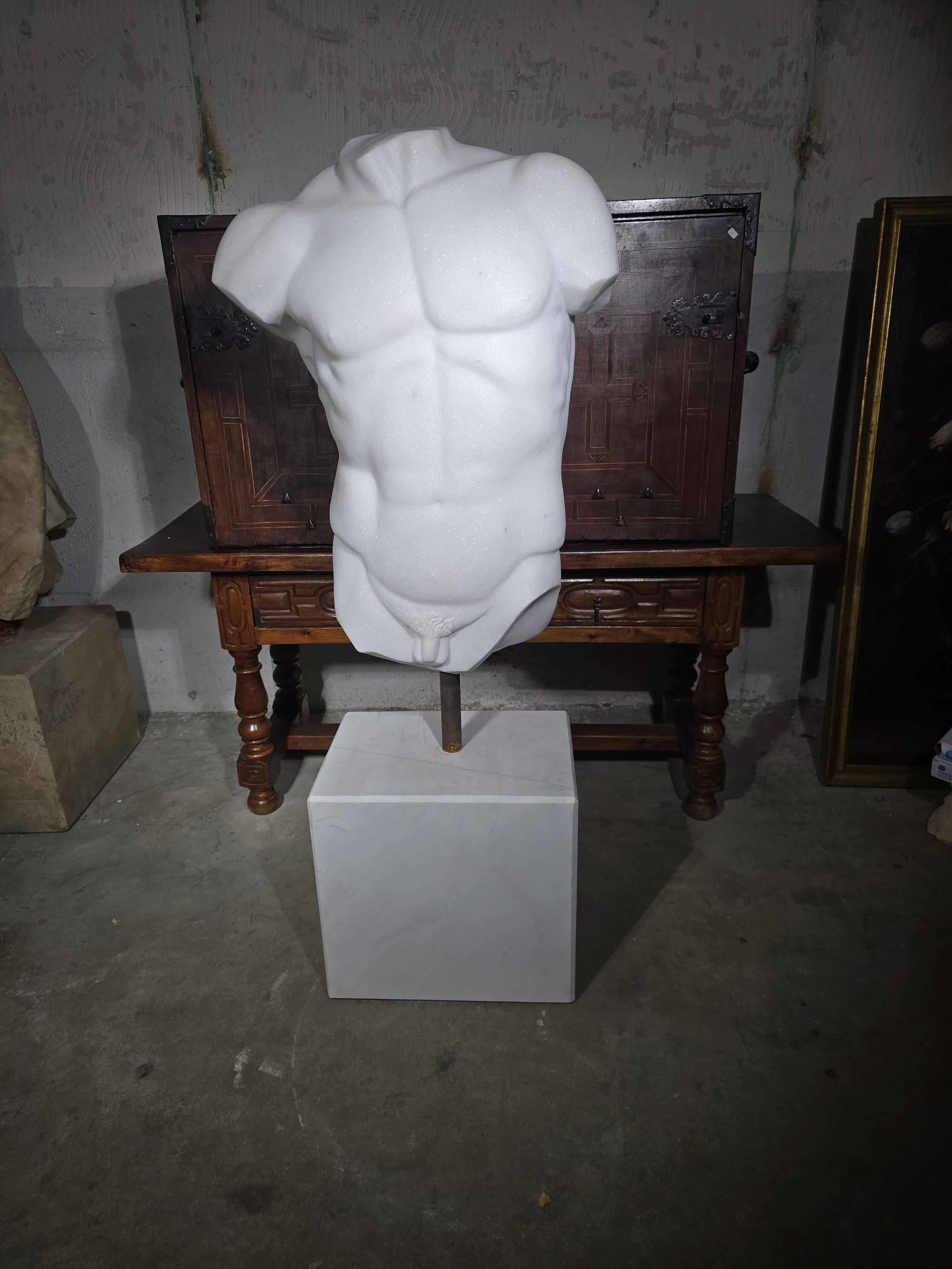 Impressionante torso di marmo bianco di grandi dimensioni, scolpito a Napoli, in Italia, intorno all'anno 2000.
Questa scultura contemporanea riflette la duratura influenza dell'arte classica greco-romana, con proporzioni eleganti e un raffinato