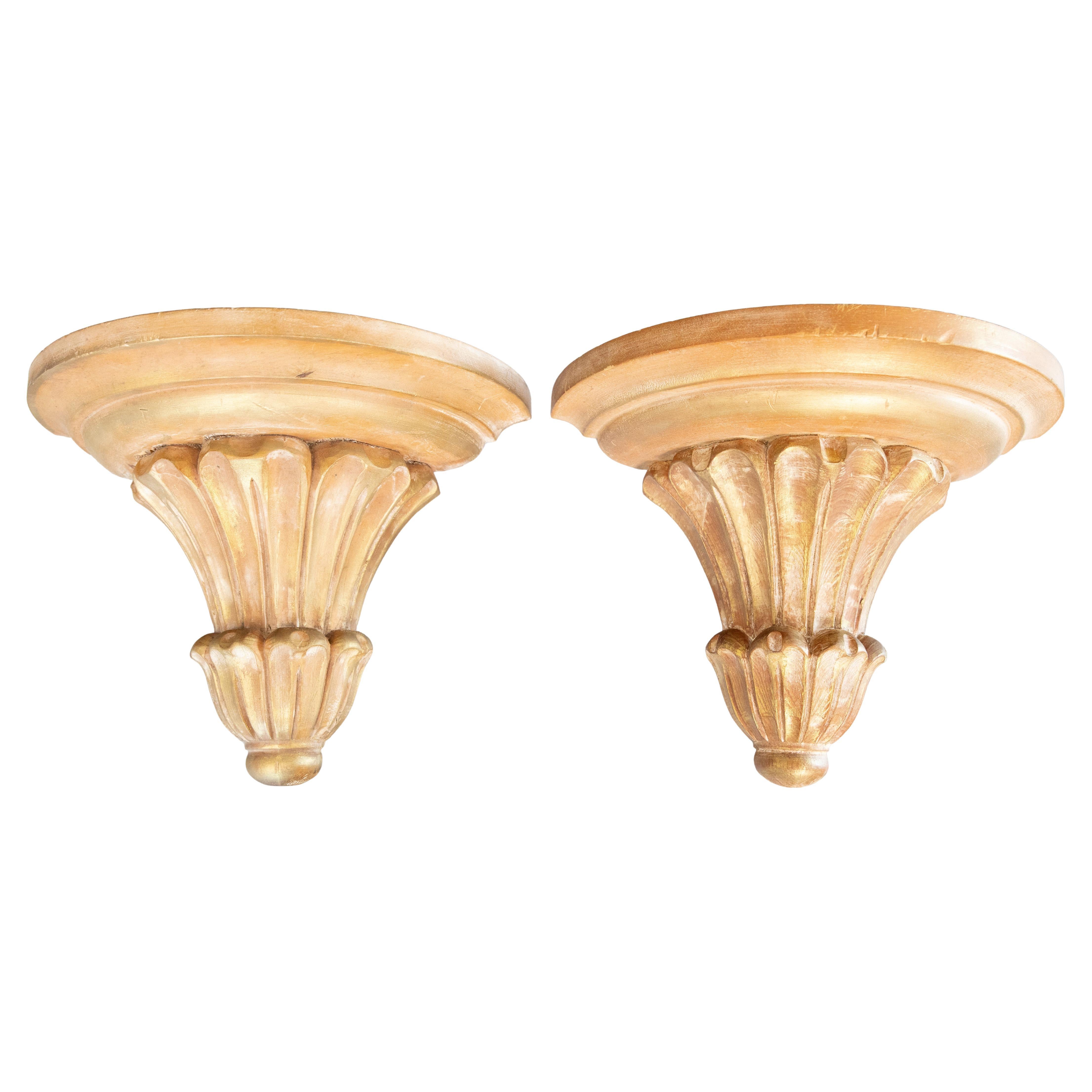 Large Italian Whitewash Giltwood Fluted Wall Brackets Shelves - a Pair
