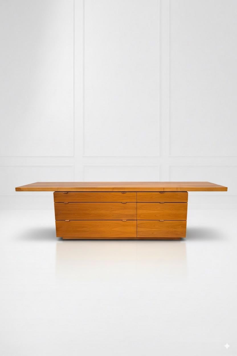 Large Sideboard - Italian wooden chest of drawers in the style of Afra and Tobia Scarpa. This elegant and functional piece features a thick solid wood top made from different types of wood and six spacious drawers.