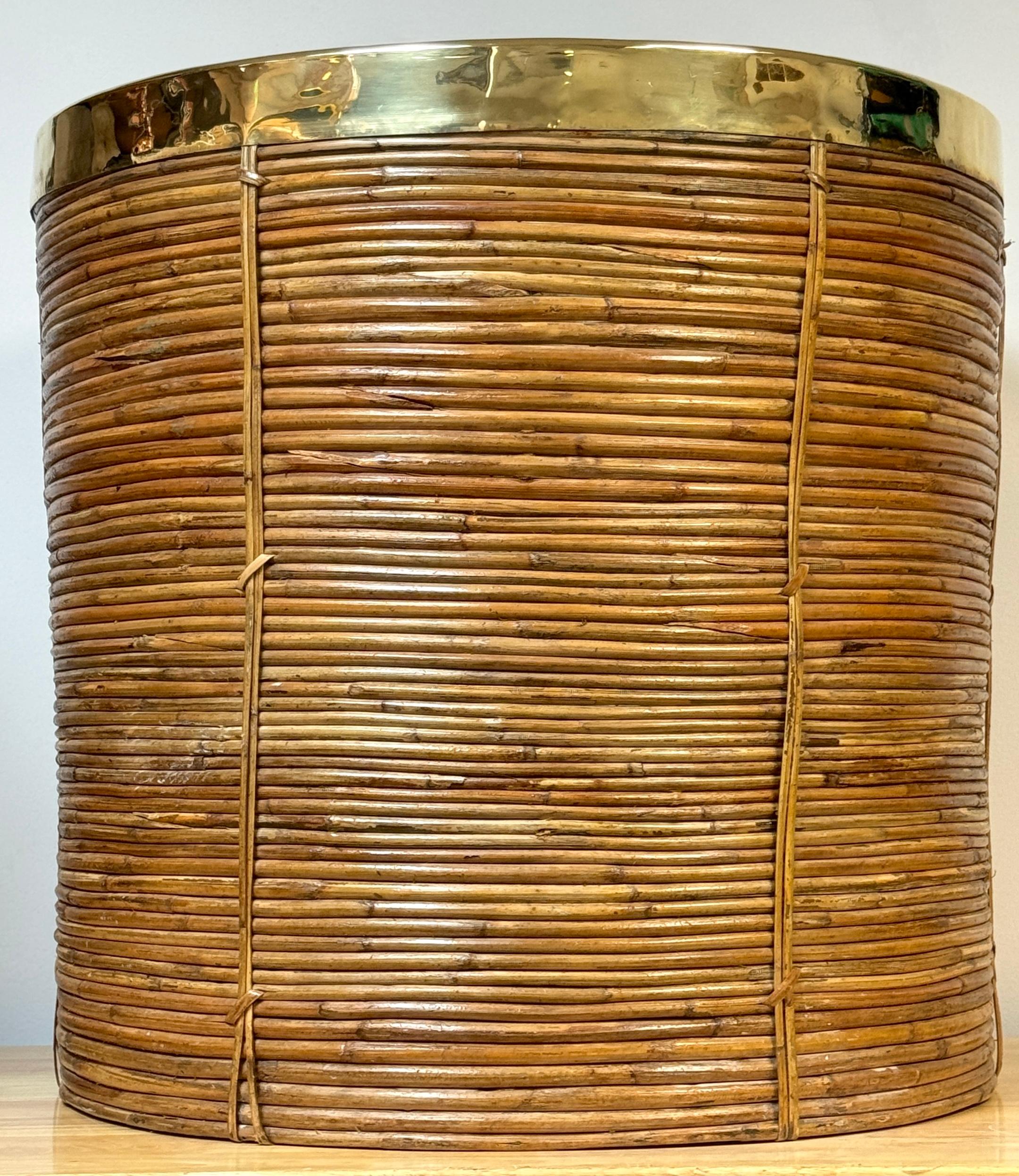 Großes italienisches Pflanzgefäß aus geflochtenem Rattan und Messing, Italien, ca. 1970er Jahre

Dieses beeindruckende Pflanzgefäß aus italienischem Rattan und Messing, das in den 1970er Jahren hergestellt wurde, verkörpert den eleganten und