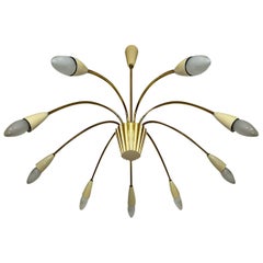 Large Italy Sunburst Flushmount Ivory Modernist Spider Sputnik Brass Chandelier