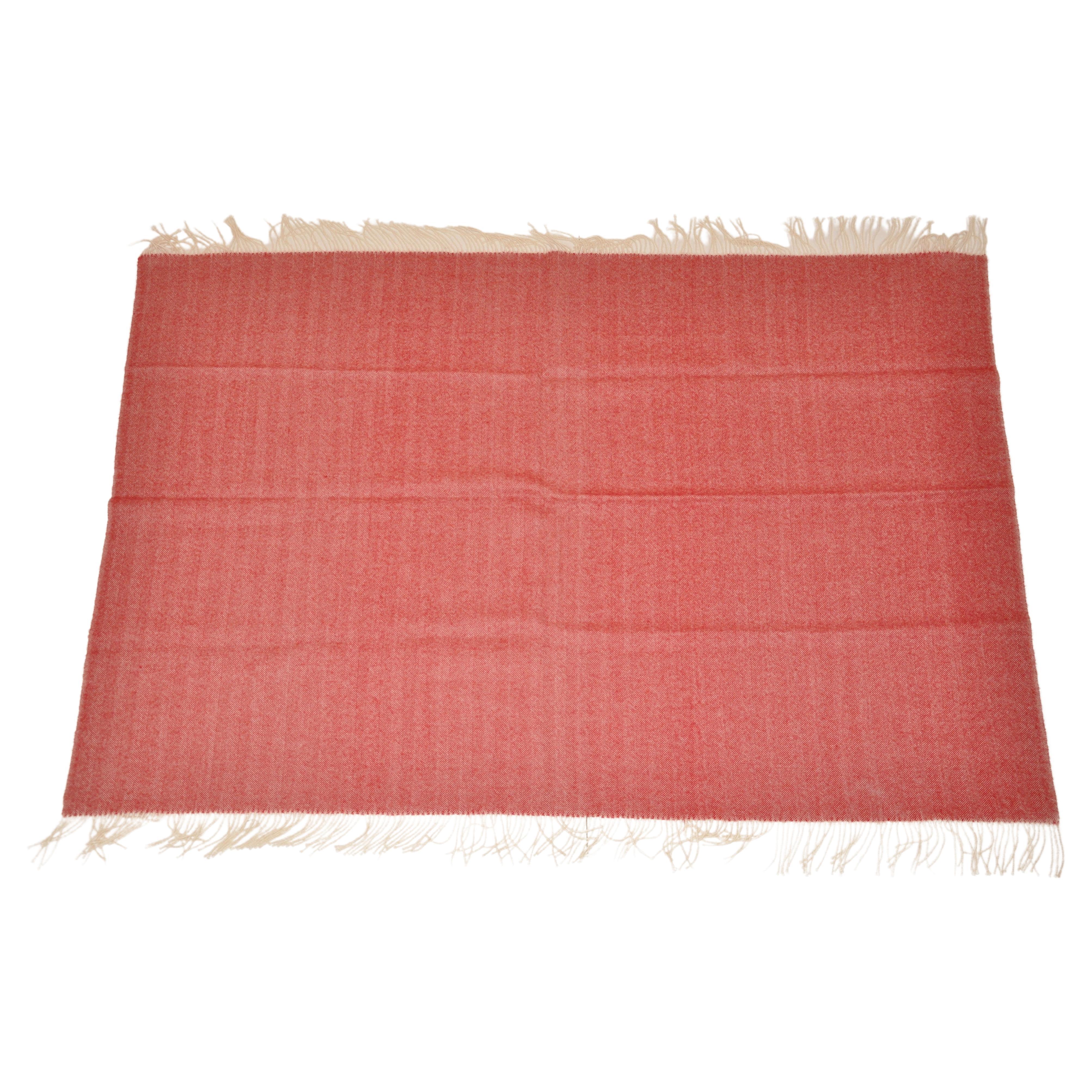 Large Ivory & Burgundy Herringbone Print Baby Alpaca Fringed Shawl