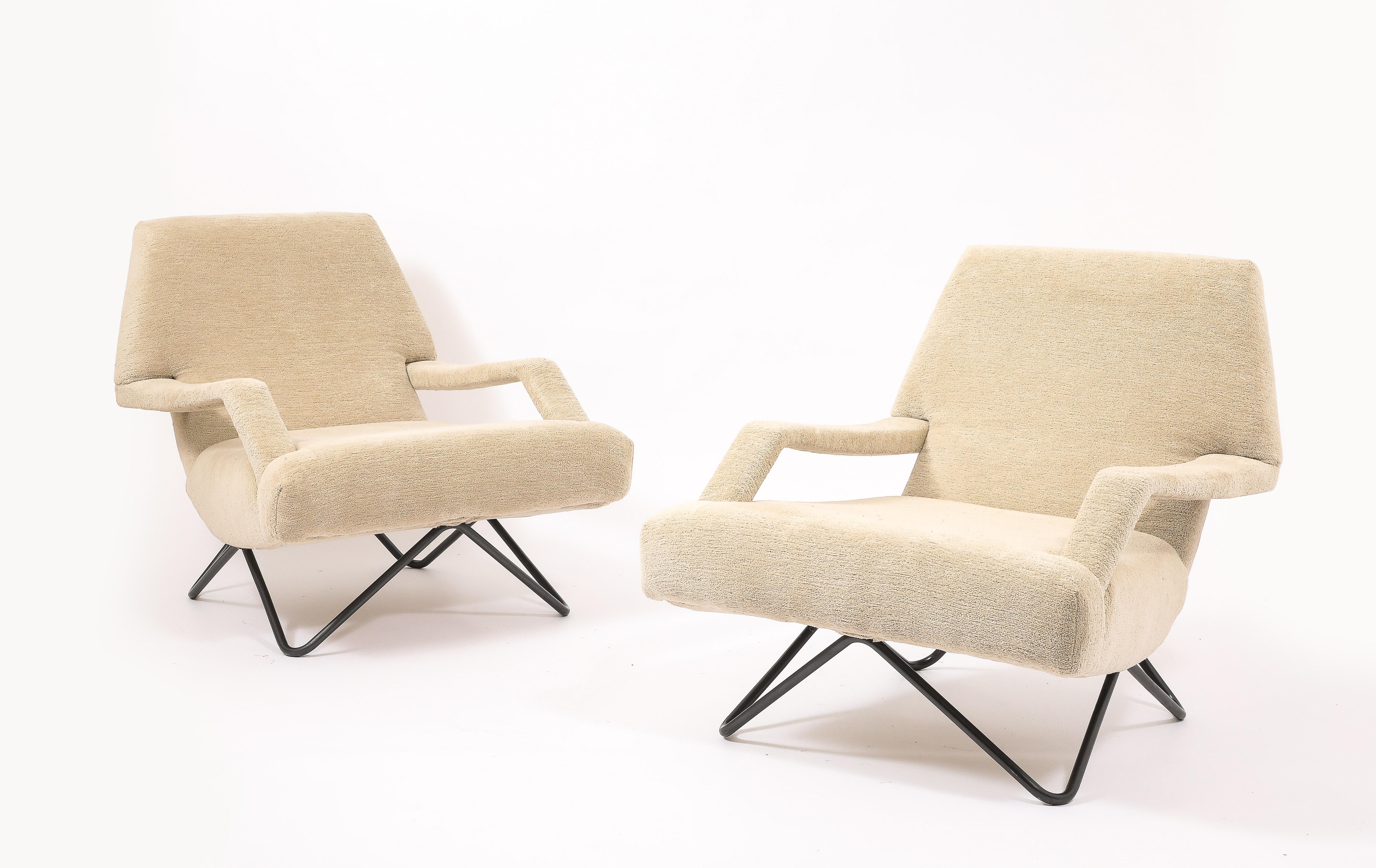 Große elfenbeinfarbene Lounge-Stühle auf gebogenem Stahldrahtgestell - Italien 1960er Jahre im Angebot 6