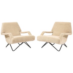 Large Ivory Lounge Chairs on Bent Steel Wire Base - Italy 1960's