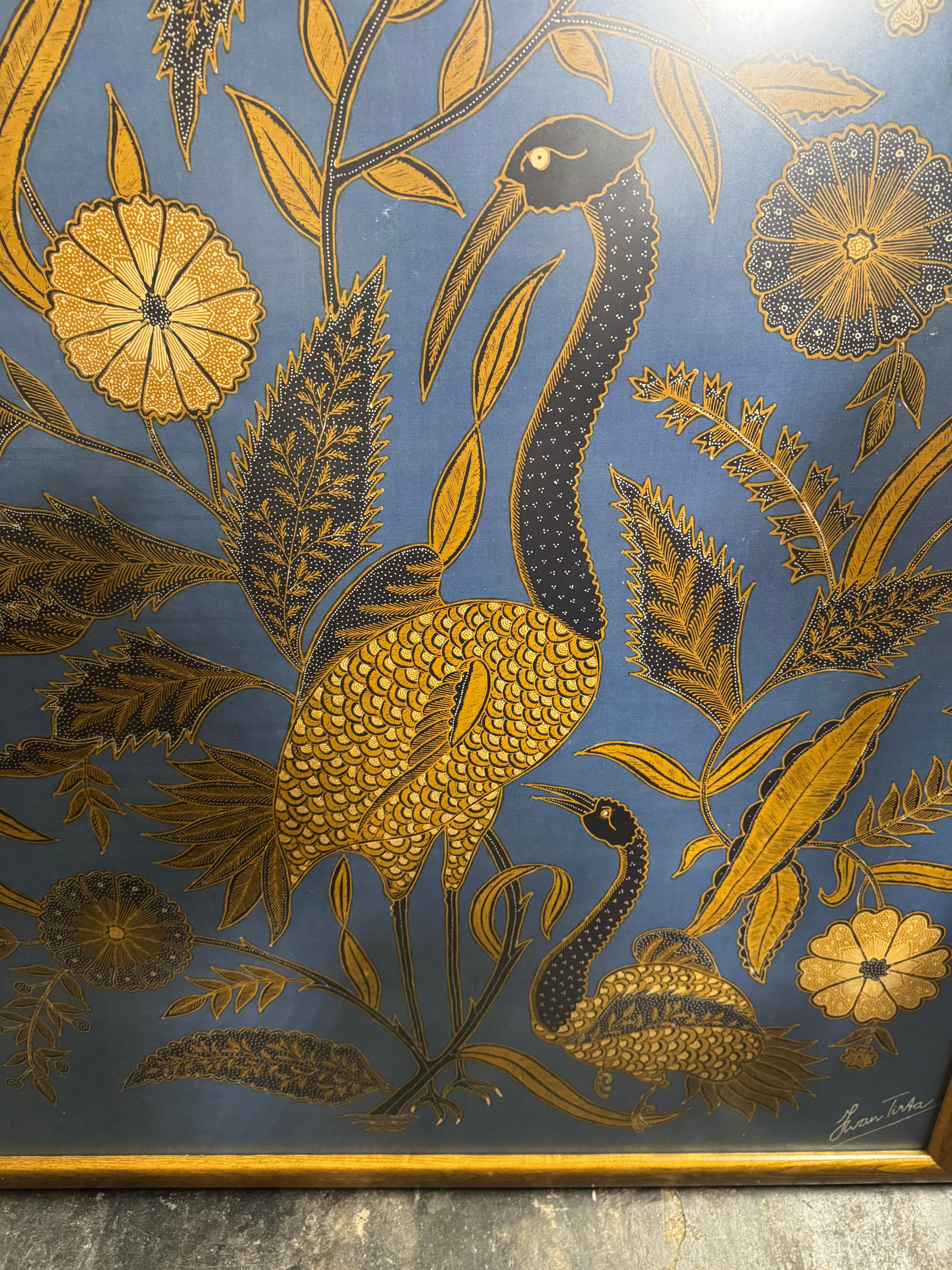 Tribal Large Iwan Tirta Pheasant and Floral Batik Artwork For Sale
