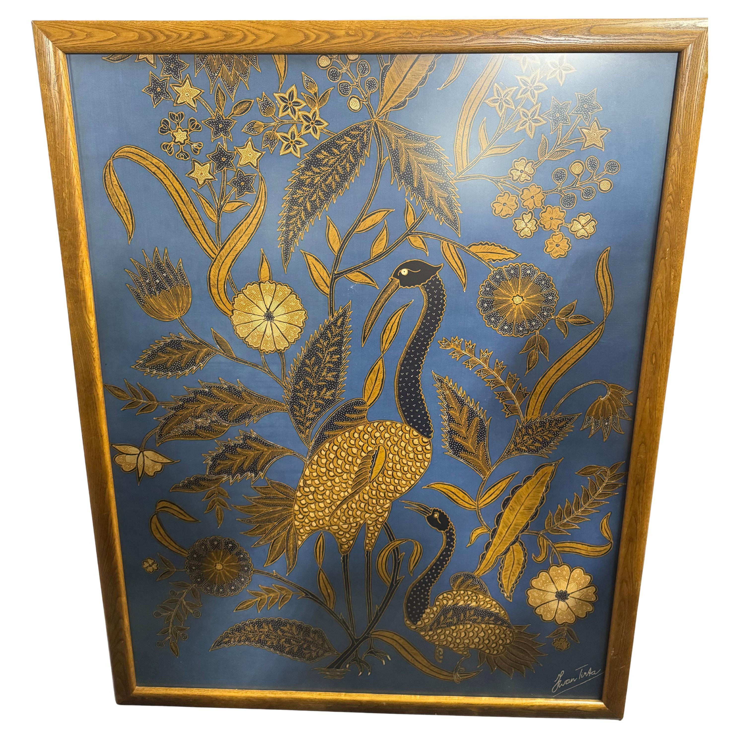 Großes Iwan Tirta Fasan und Blumen Batik Kunstwerk