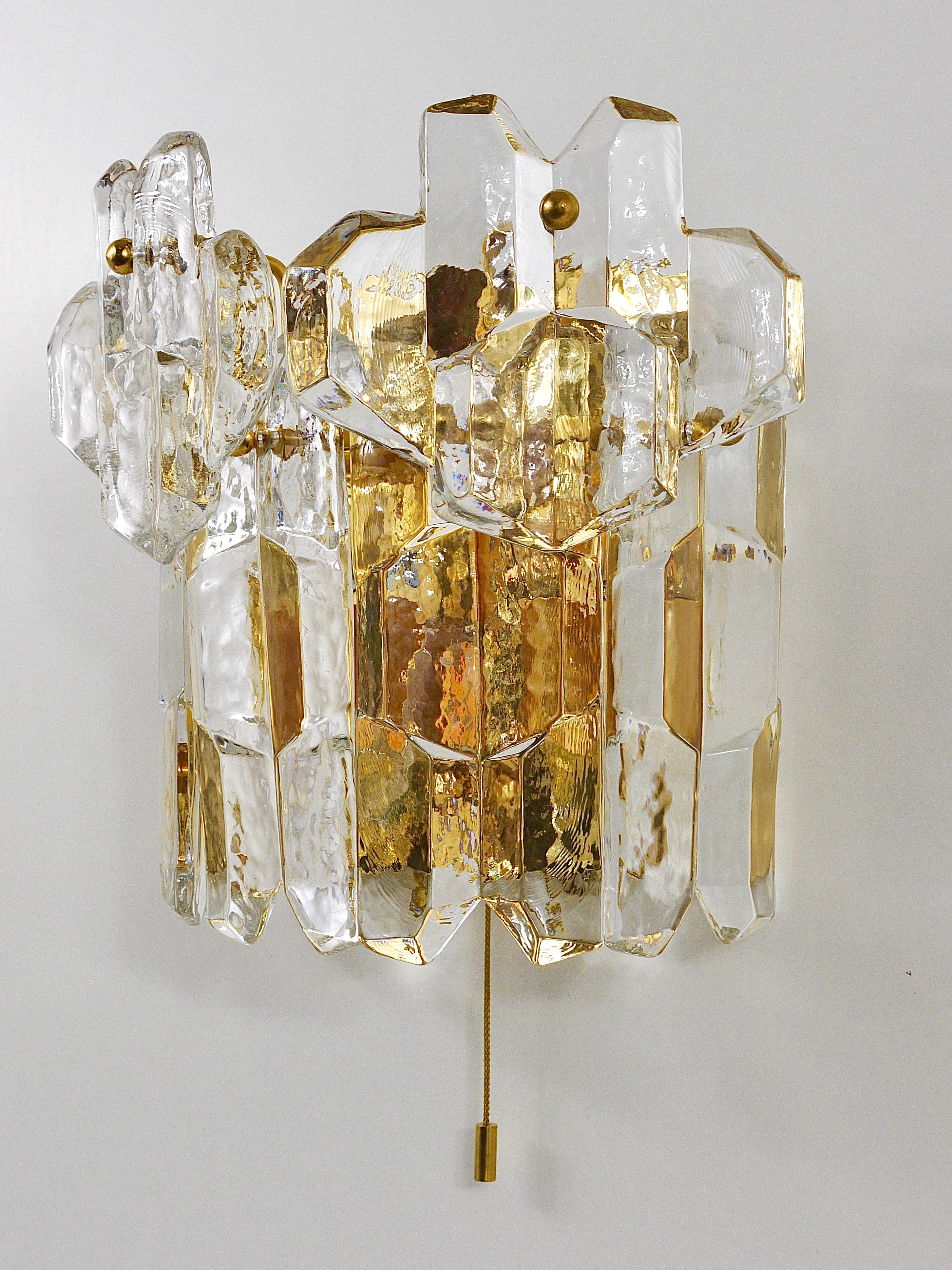 Gold Large J. T. Kalmar Palazzo Midcentury Gilt Brass and Crystal Icicle Glass Scone For Sale