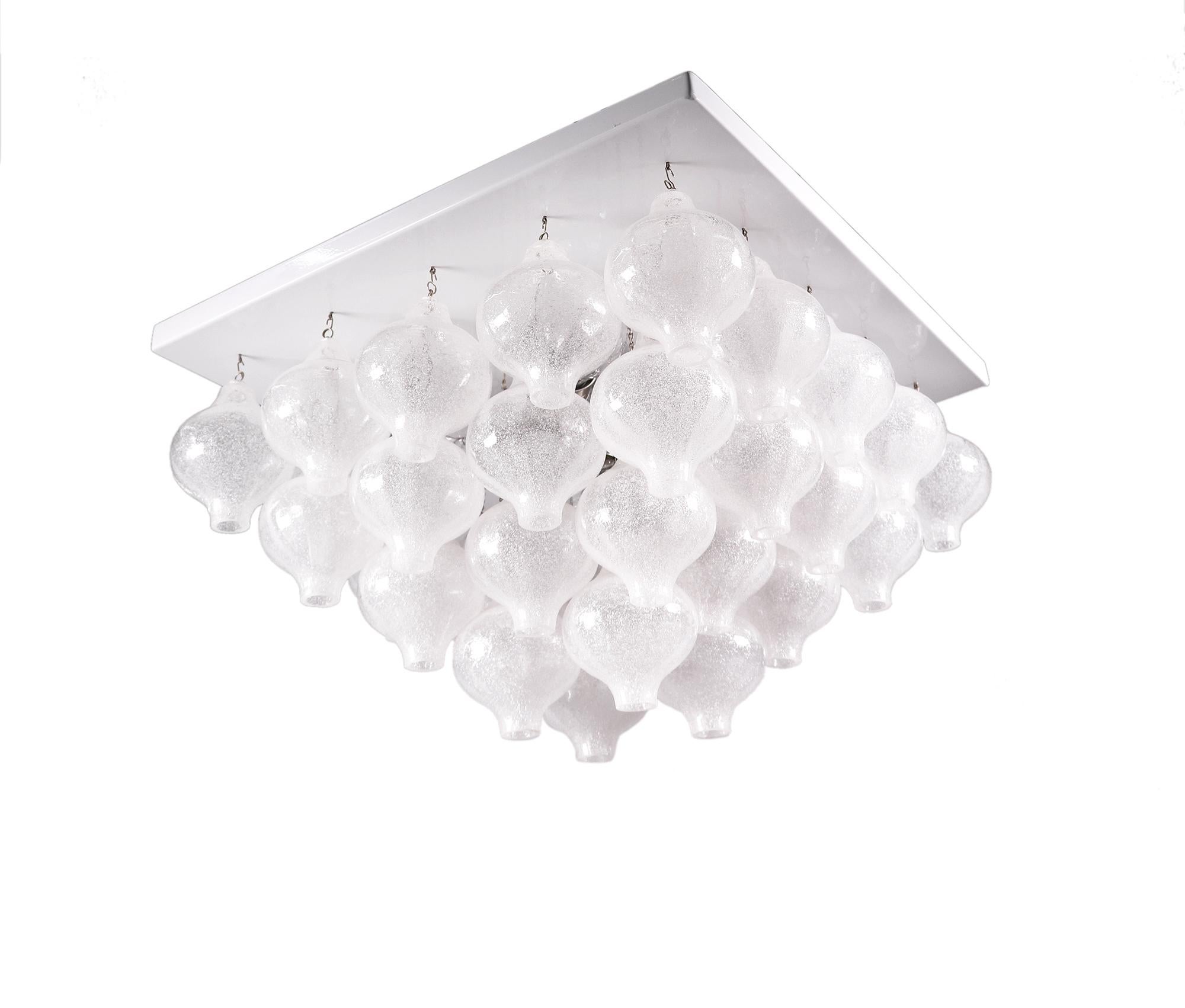 Gorgeous pyramid flush mount chandelier with white Tulipan Murano glasses on a nickel frame. The handcrafted onion shaped glass balls hanging down on chains attached to a white lacquered rectangular base plate. Chandelier illuminates beautifully and