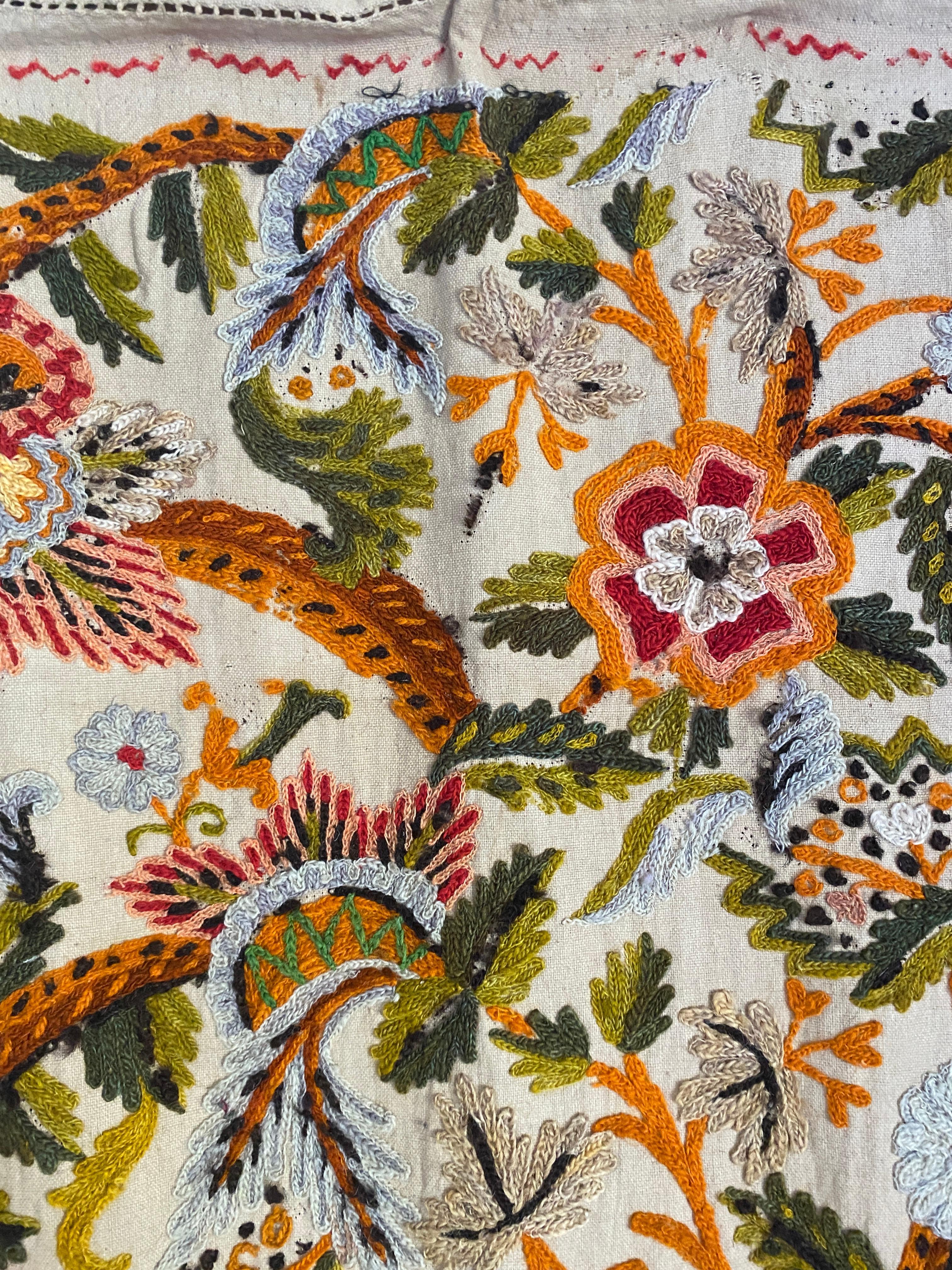 Large Jacobean Floral Hand Embroidered Linen Drapery or Wall-hanging ...