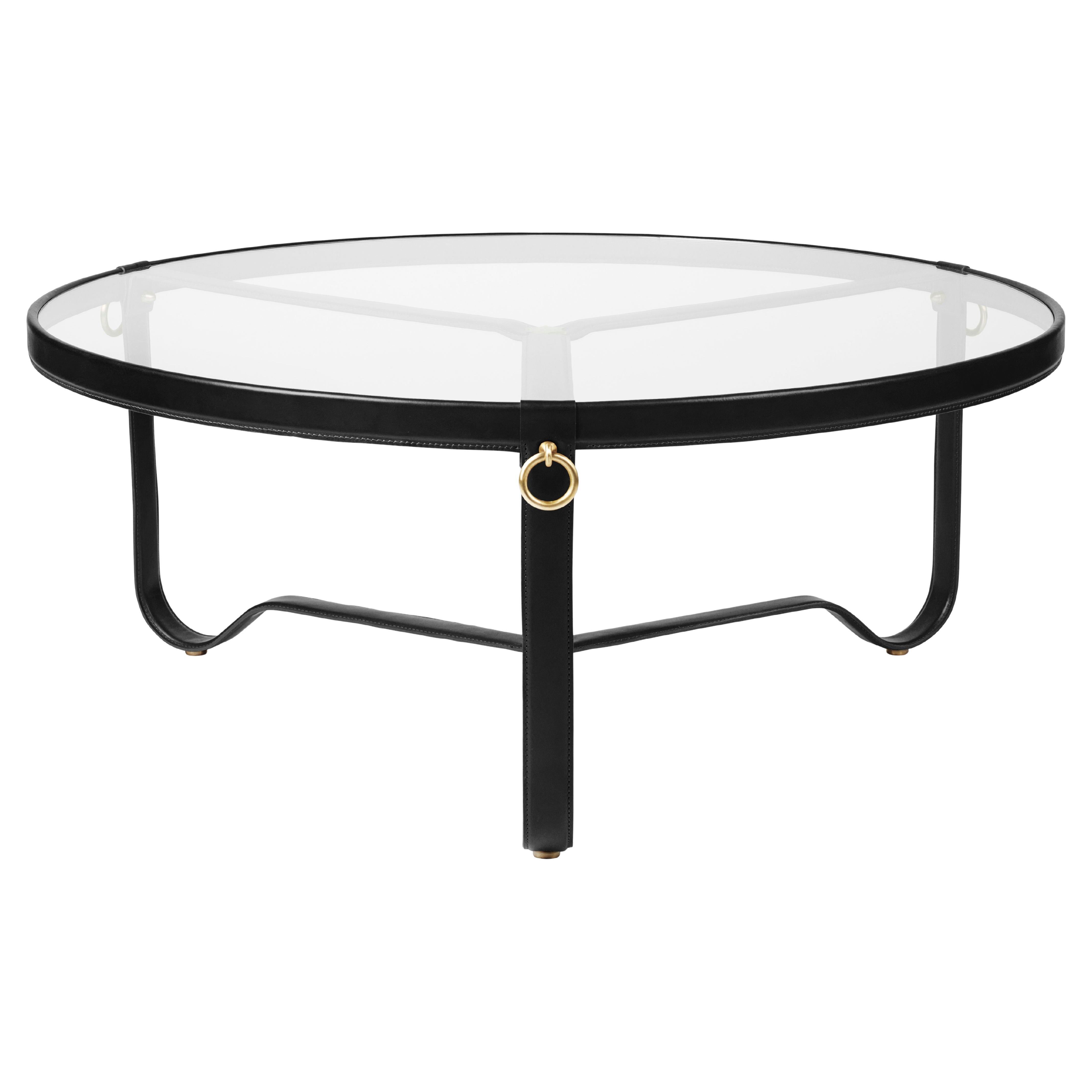 Large Jacques Adnet 'Circulaire' Glass and Black Leather Coffee Table for GUBI